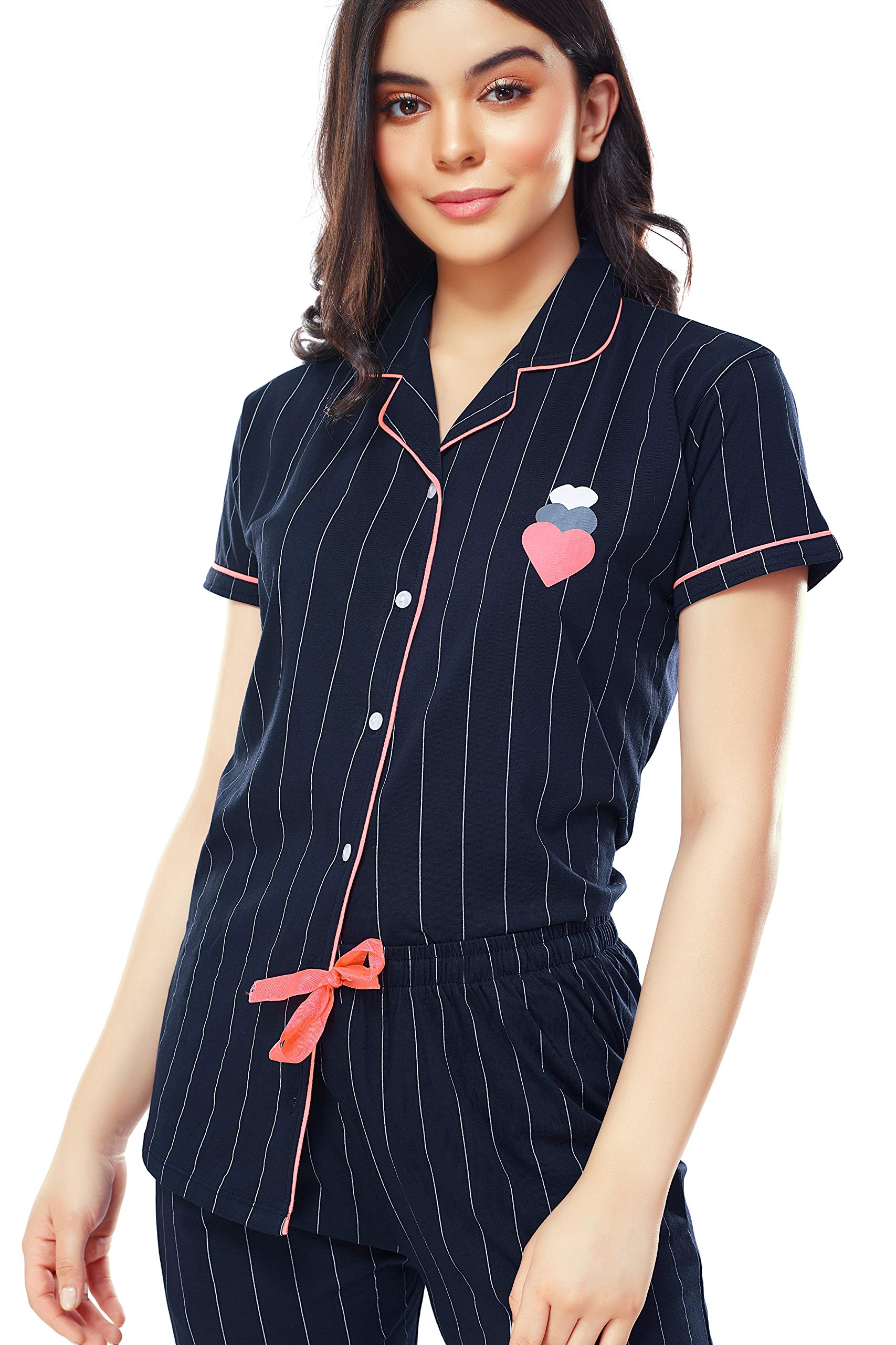 ZEYO Navy Blue Striped Cotton Night Suit for Women - Image 2