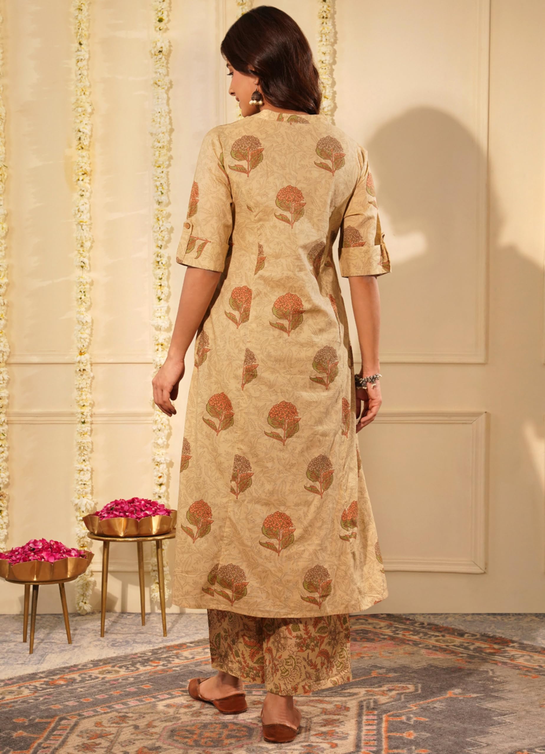 rytras Women's Cotton Printed Kurta Set with Palazzo - Beige - Image 2