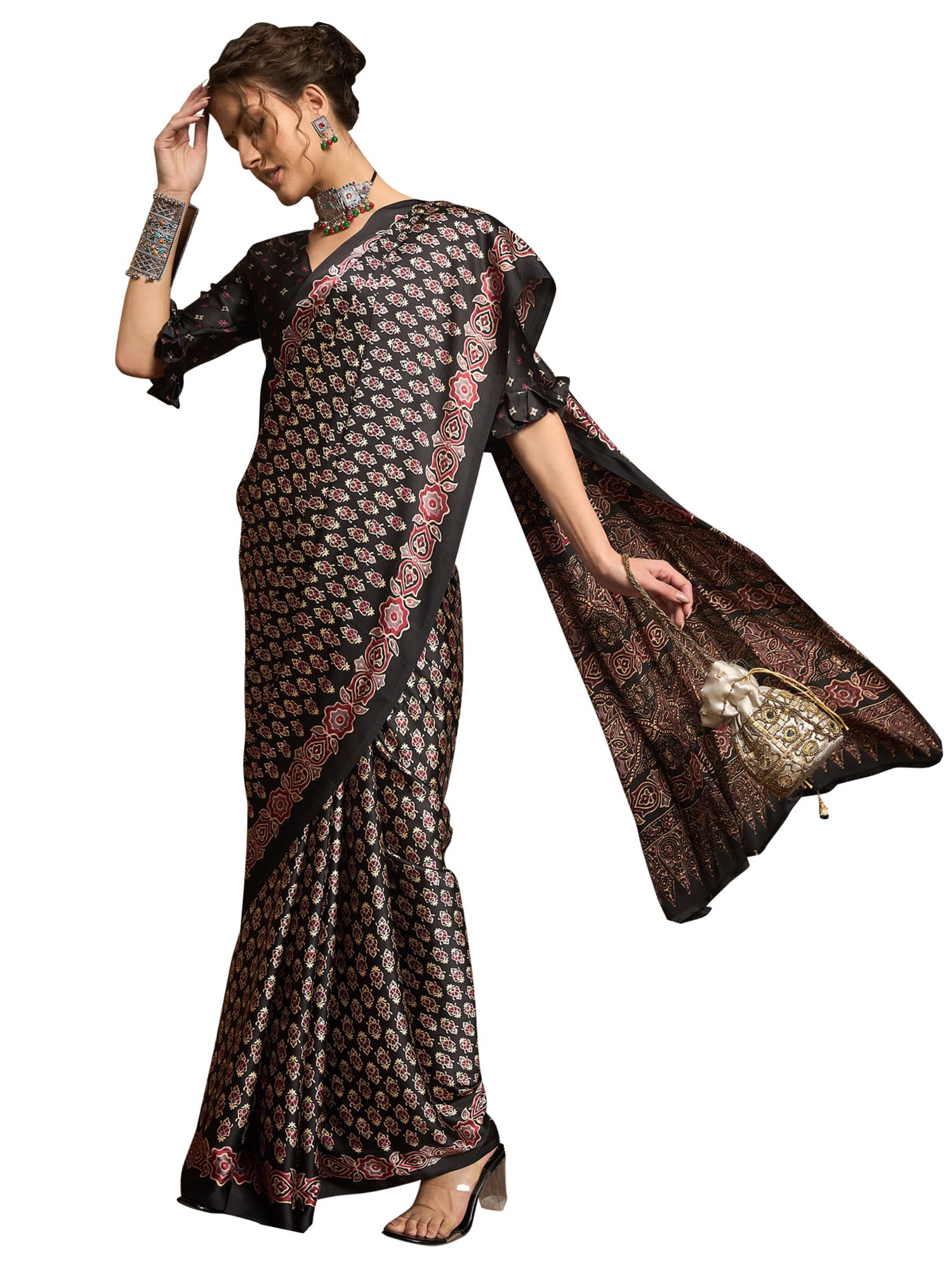 AKHILAM Women's Black Crepe Saree