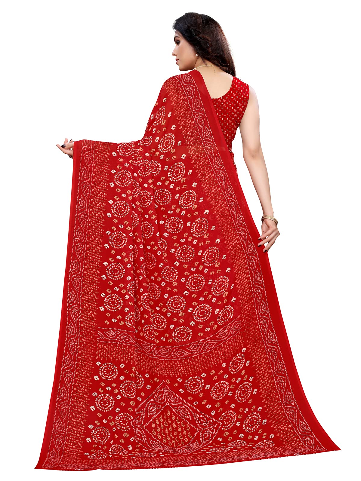 SIRIL Women's Georgette Bandhani Printed Saree - Red - Image 3