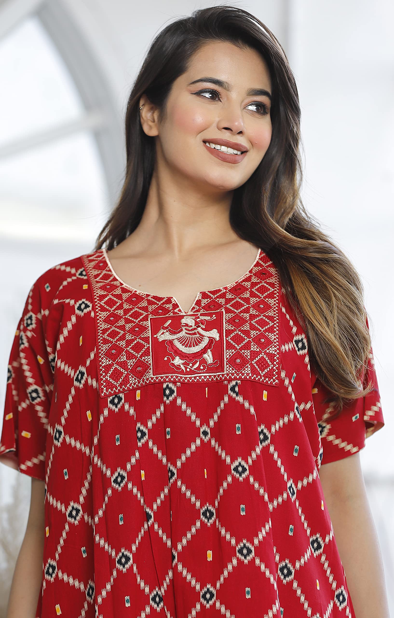 G4Girl Cotton Embroidery Nighty for Women - Red - Image 5