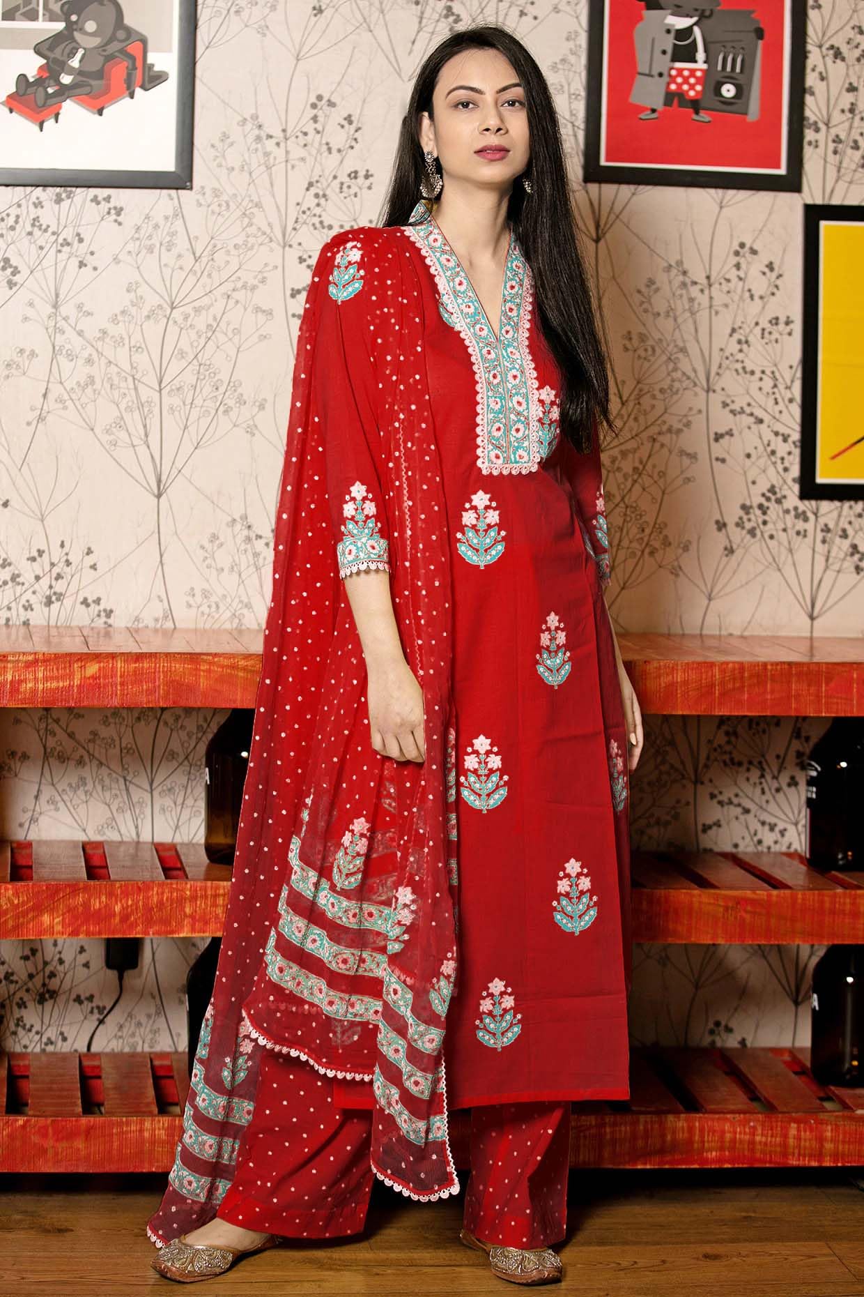 GoSriKi Red Rayon Kurta Set for Women - Image 4