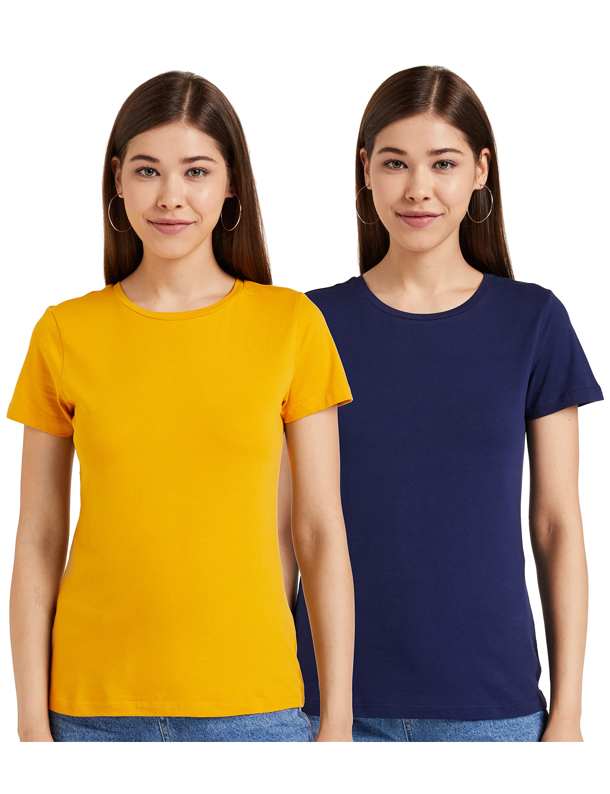 Amazon Women's Solid T-Shirt - Blue & Mustard