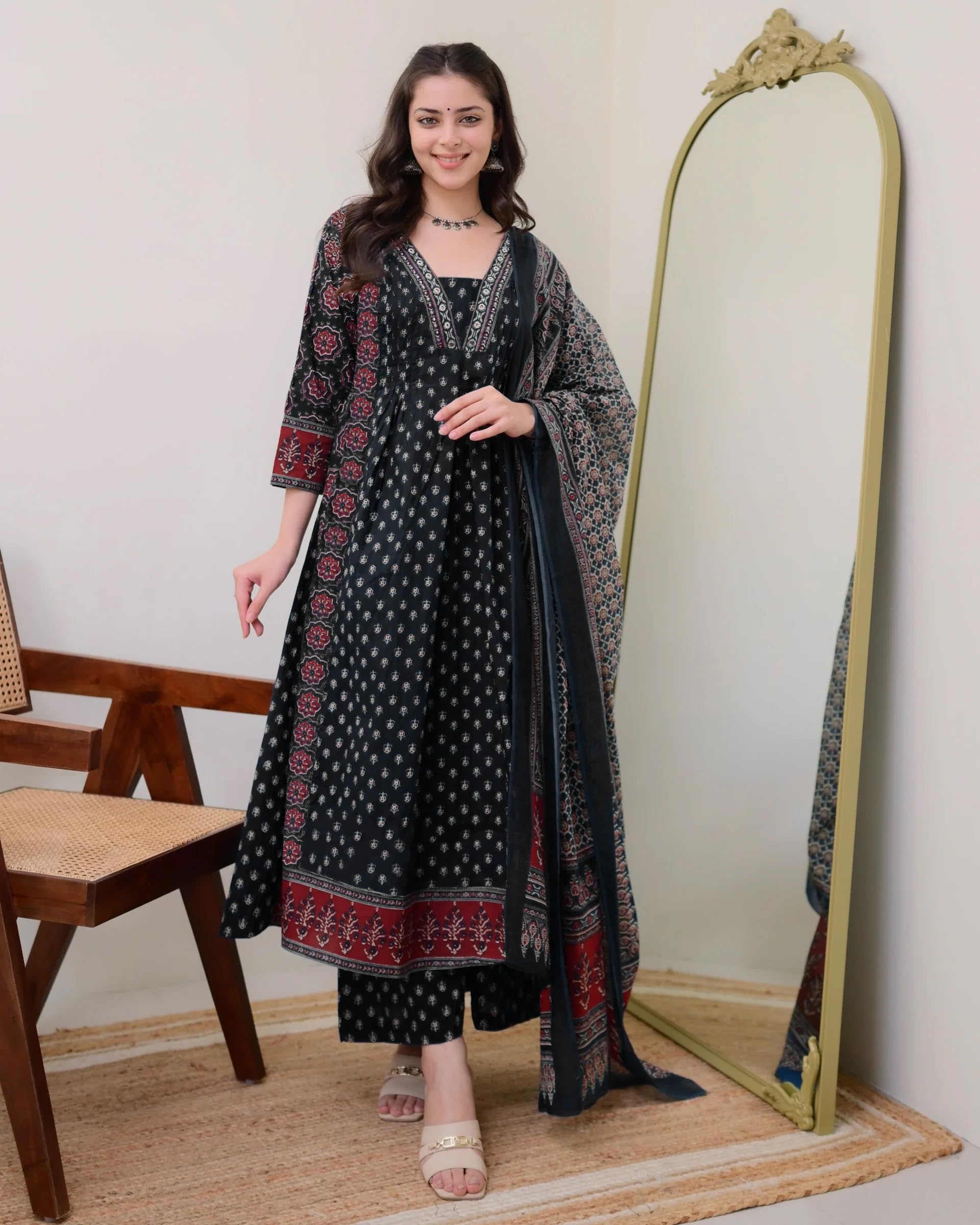 ANNI DESIGNER Ajrakh Printed Anarkali Kurta Set for Women - Black - Image 2