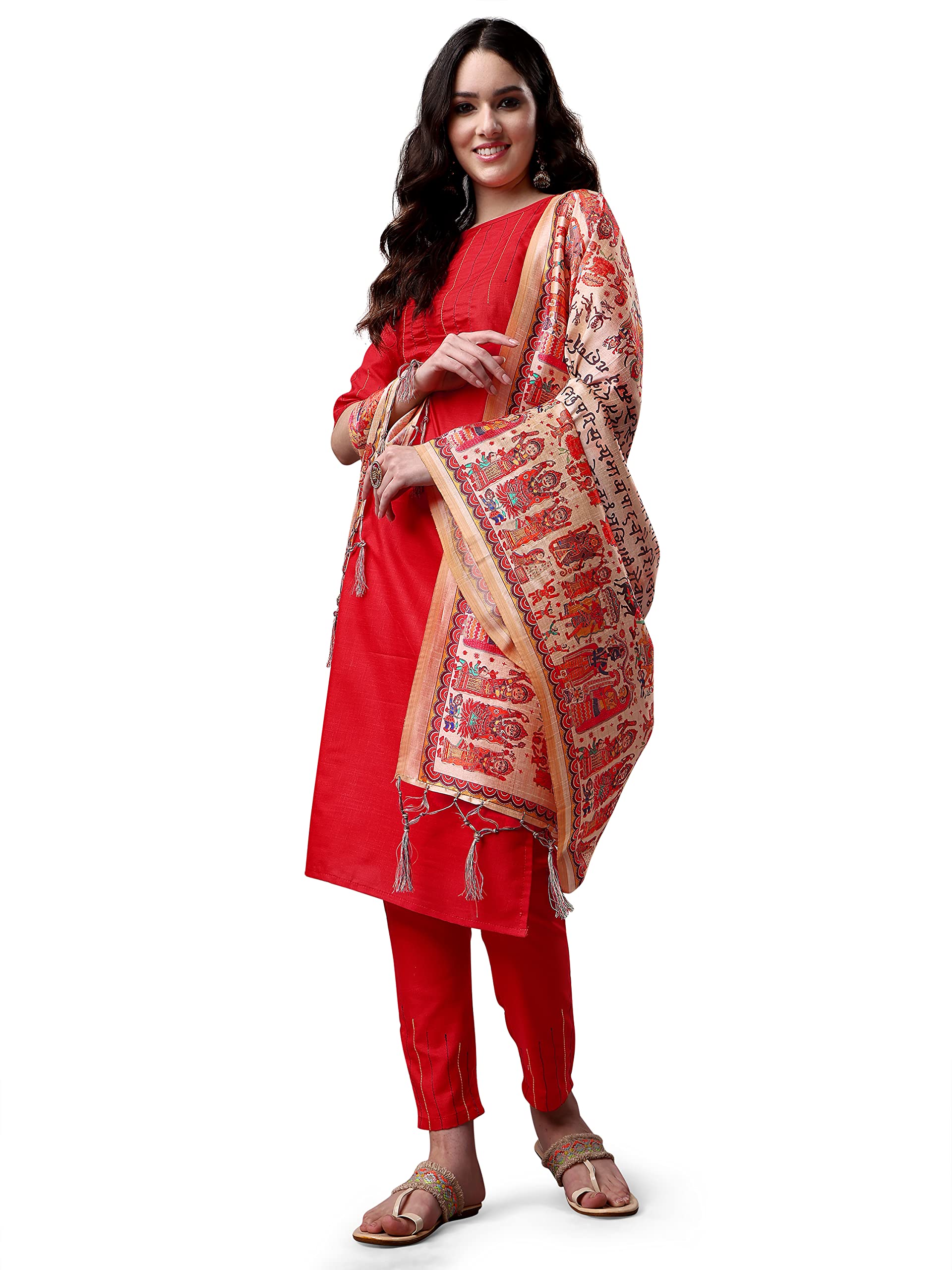 Red Cotton Kurta Pant Dupatta Set for Women
