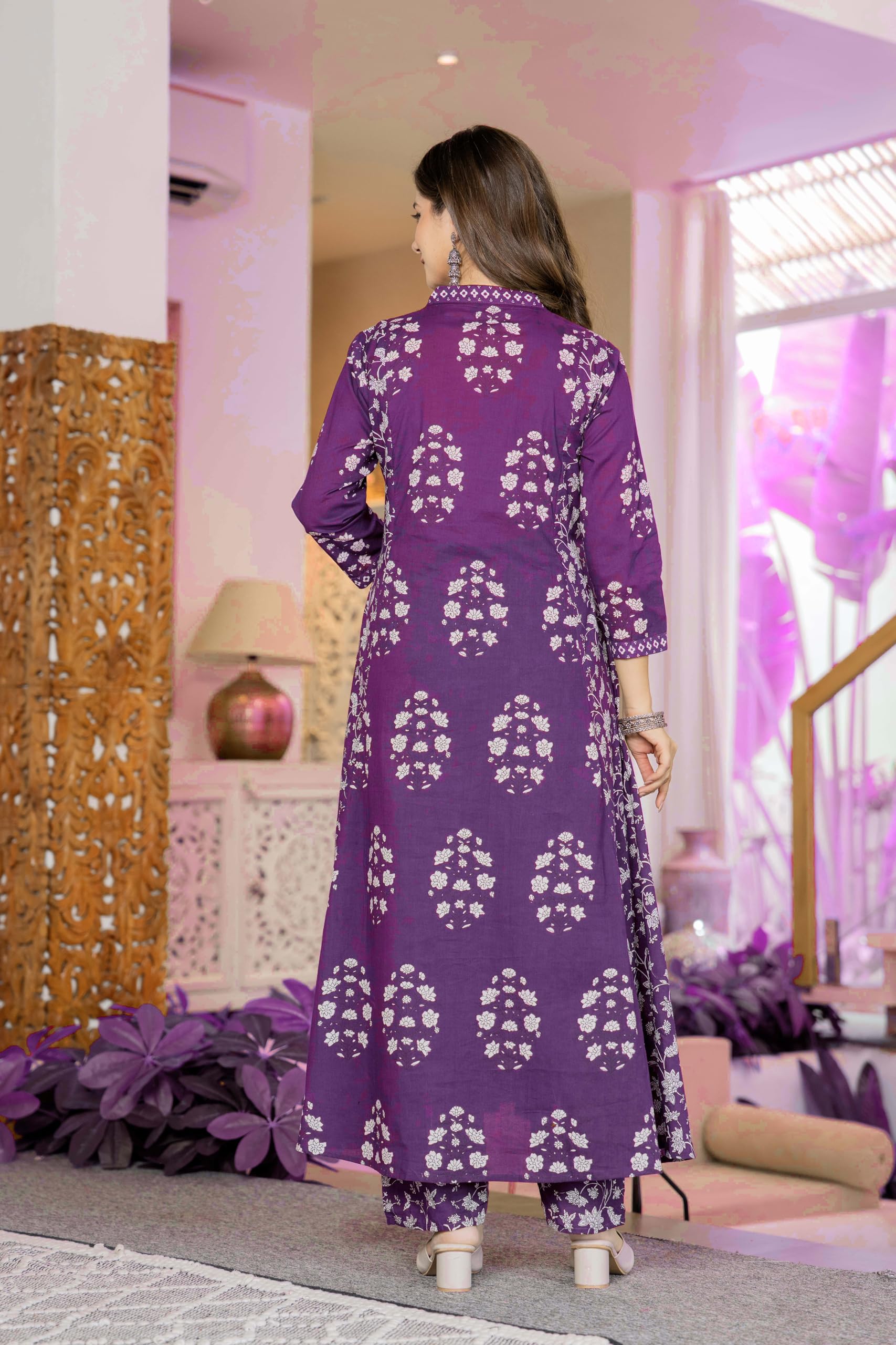 PARTHVI Purple Cotton Block Printed Kurta Set for Women - Image 2