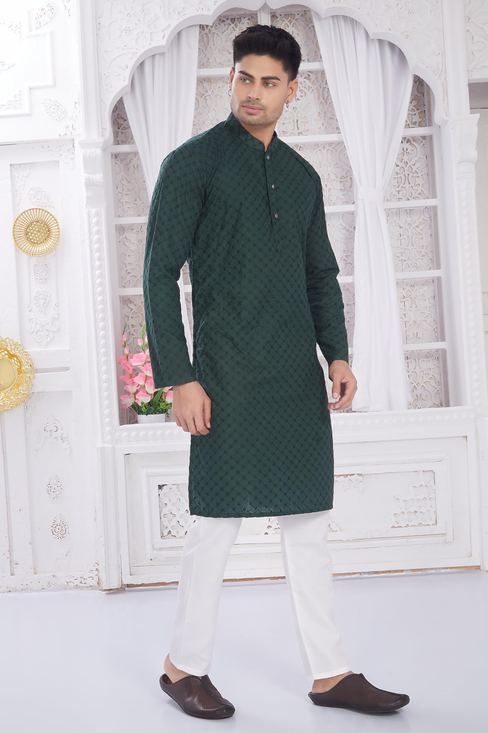 DIVISIVE Men's Dark Green Embroidered Cotton Kurta - Image 3