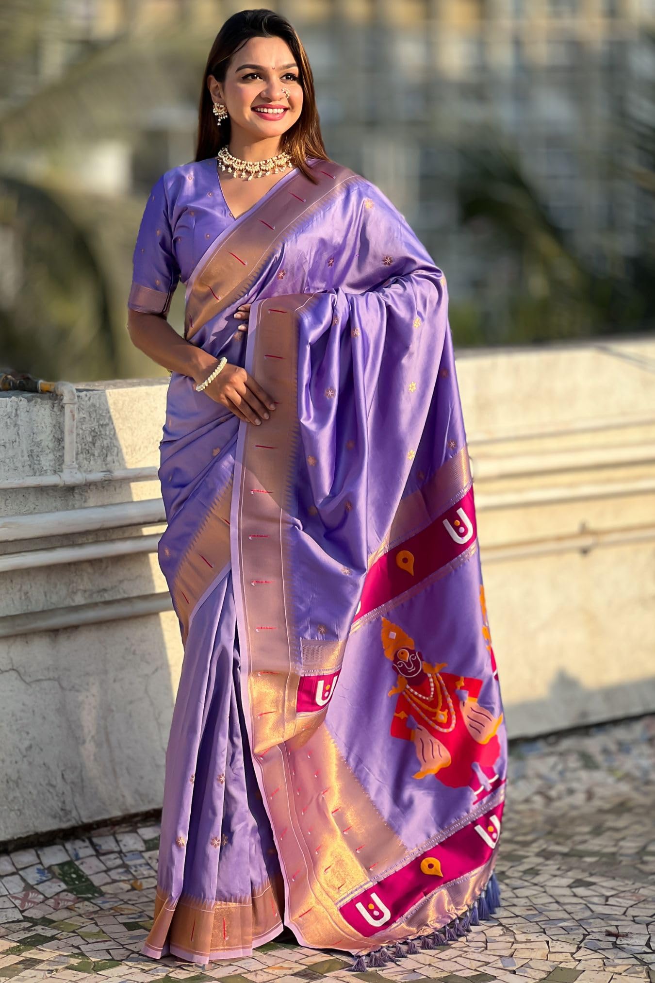 GarbGlide Women's Kanjivaram Paithani Silk Saree - Lavender - Image 2