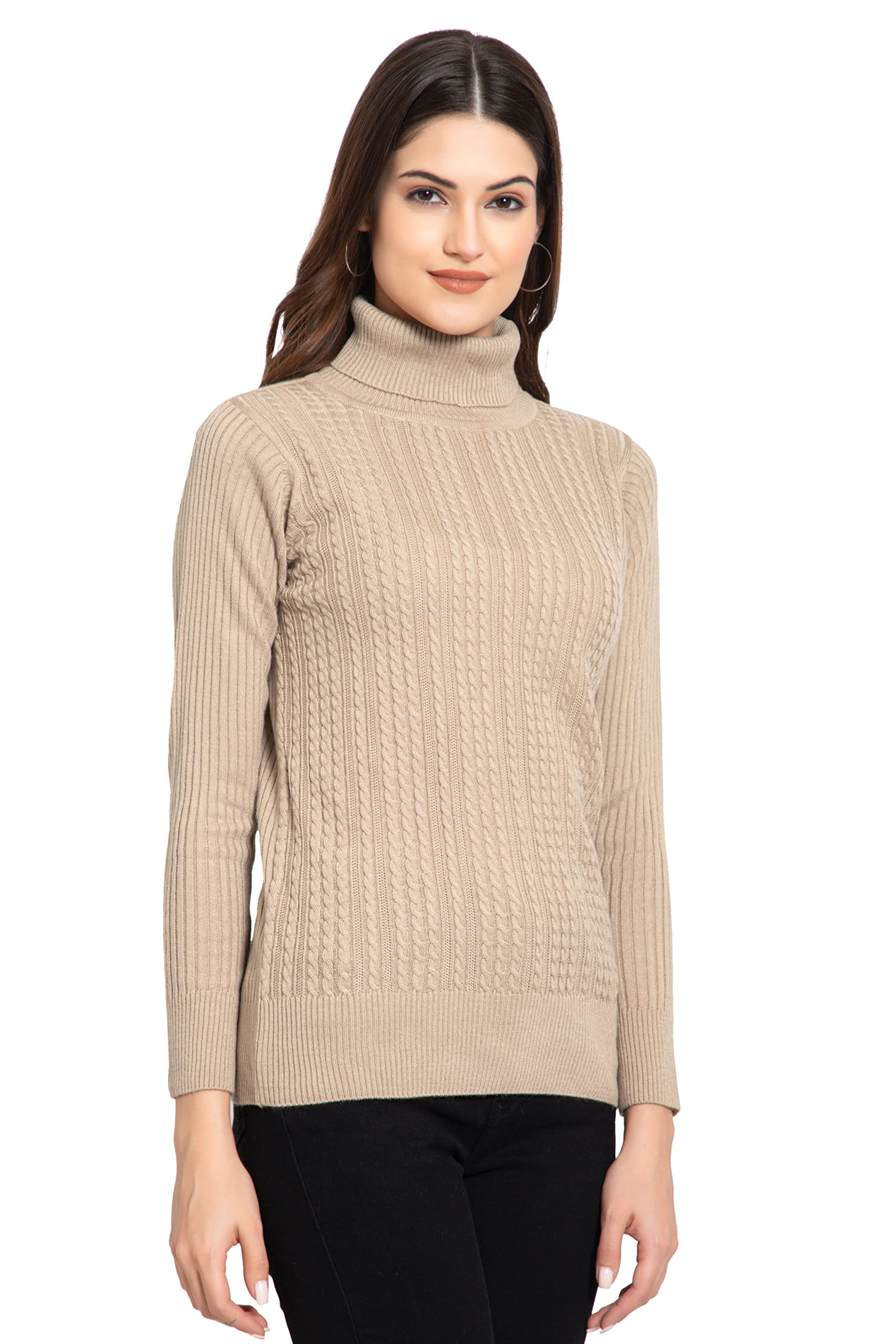GODFREY Women's Acrylic Blend Turtle Neck Pullover - Beige - Image 5