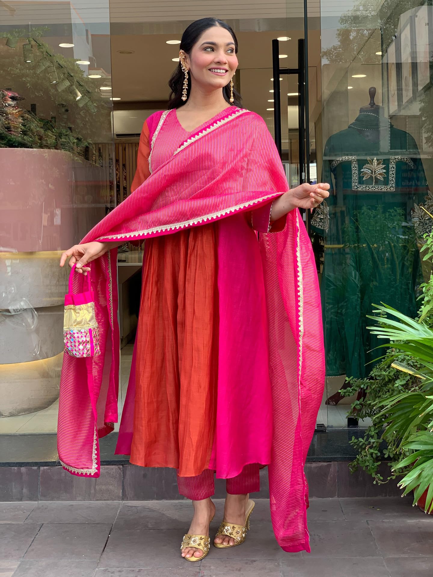 GoSriKi Women's Anarkali Kurta Pant with Dupatta - Orange - Image 2