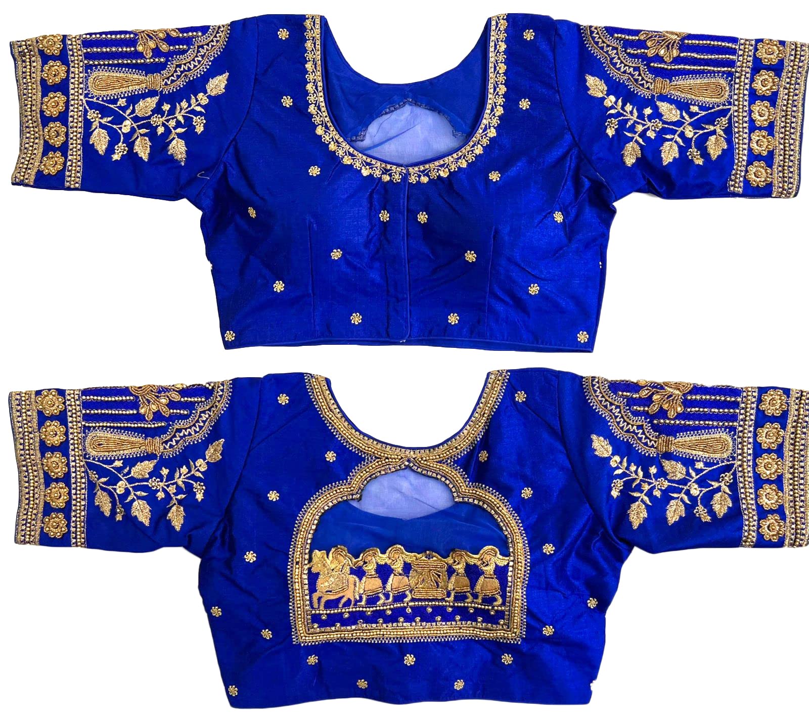 Pujia Mills Women's Golden Zari Embroidery Blouse - Royal Blue