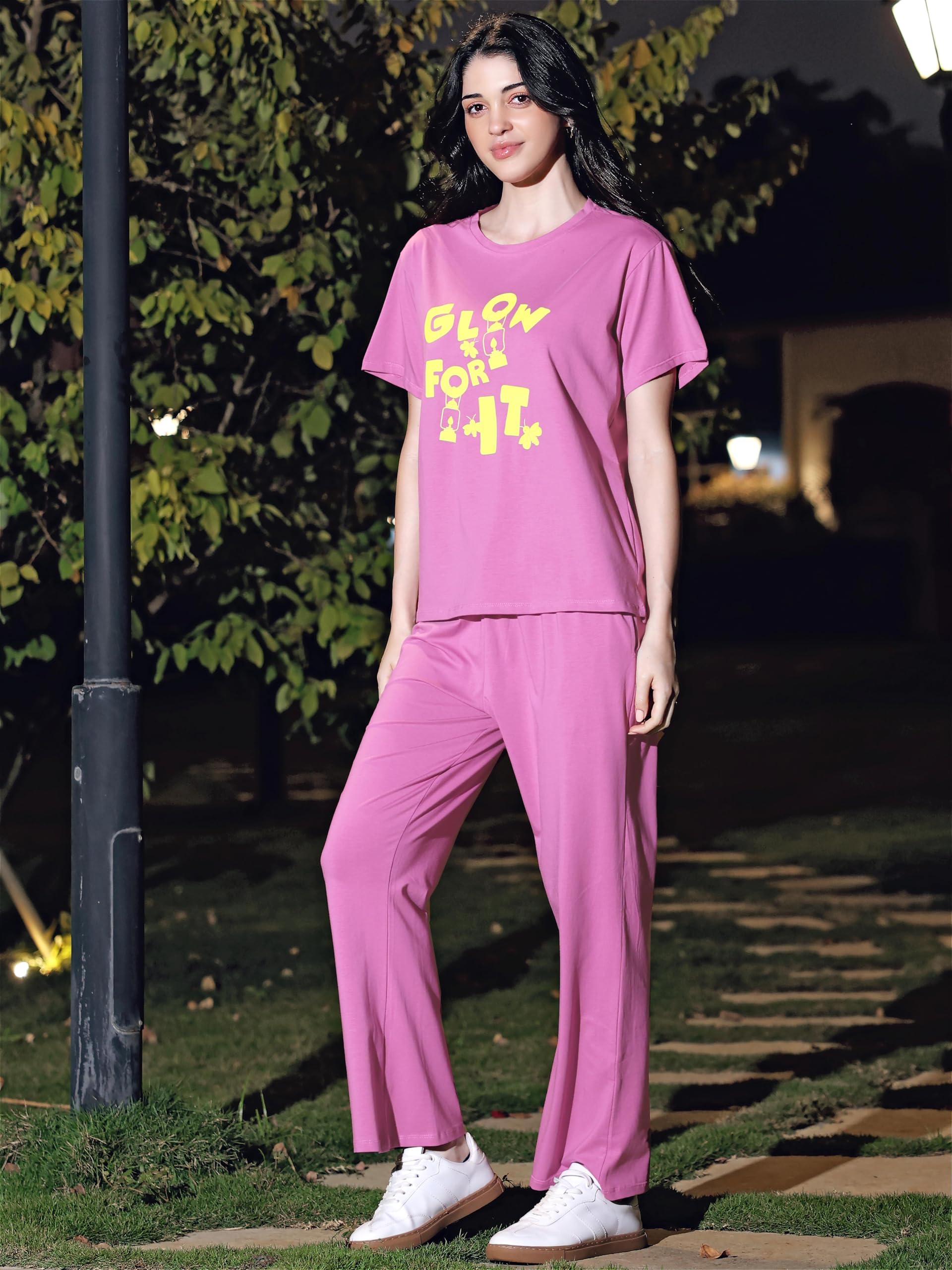 ZEYO Women's Pink Printed Cotton Lycra Night Suit - Image 4