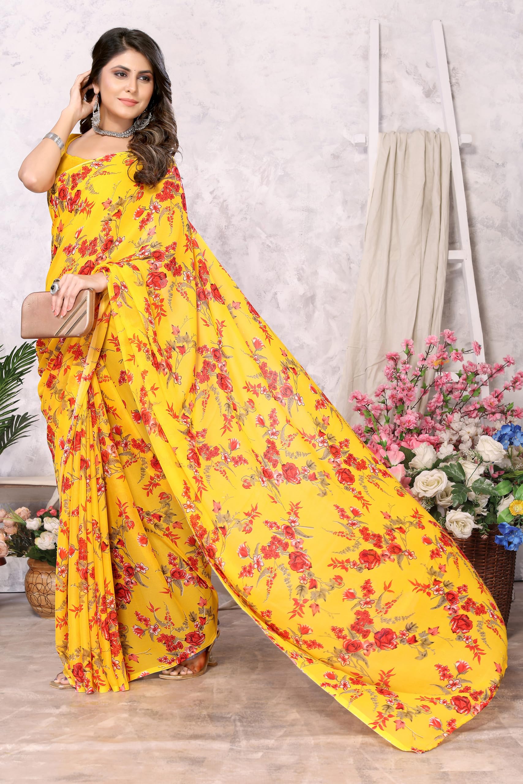 Yashika Women's Printed Georgette Saree - Yellow - Image 2