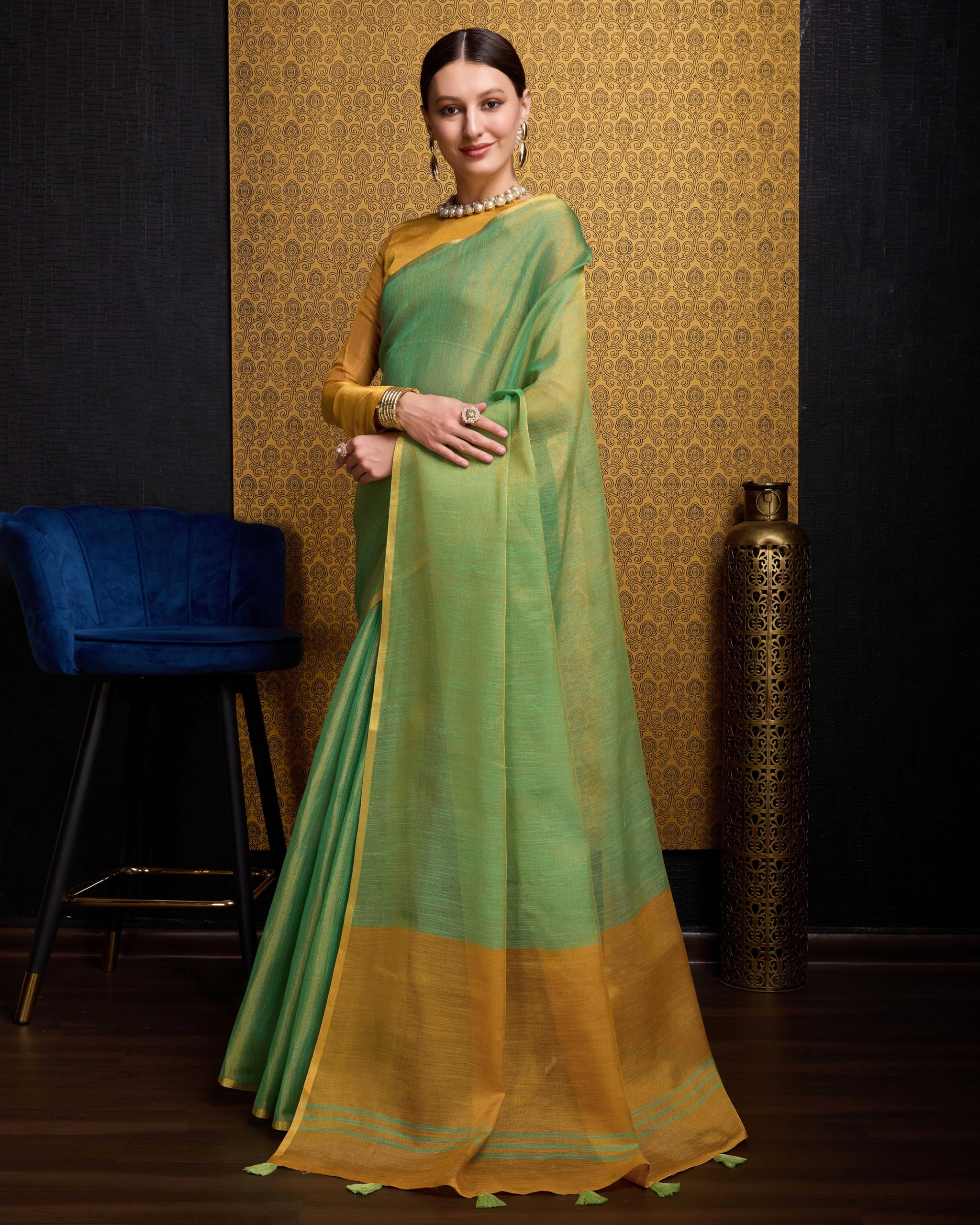 SWORNOF Women's Linen Cotton Saree - Image 3