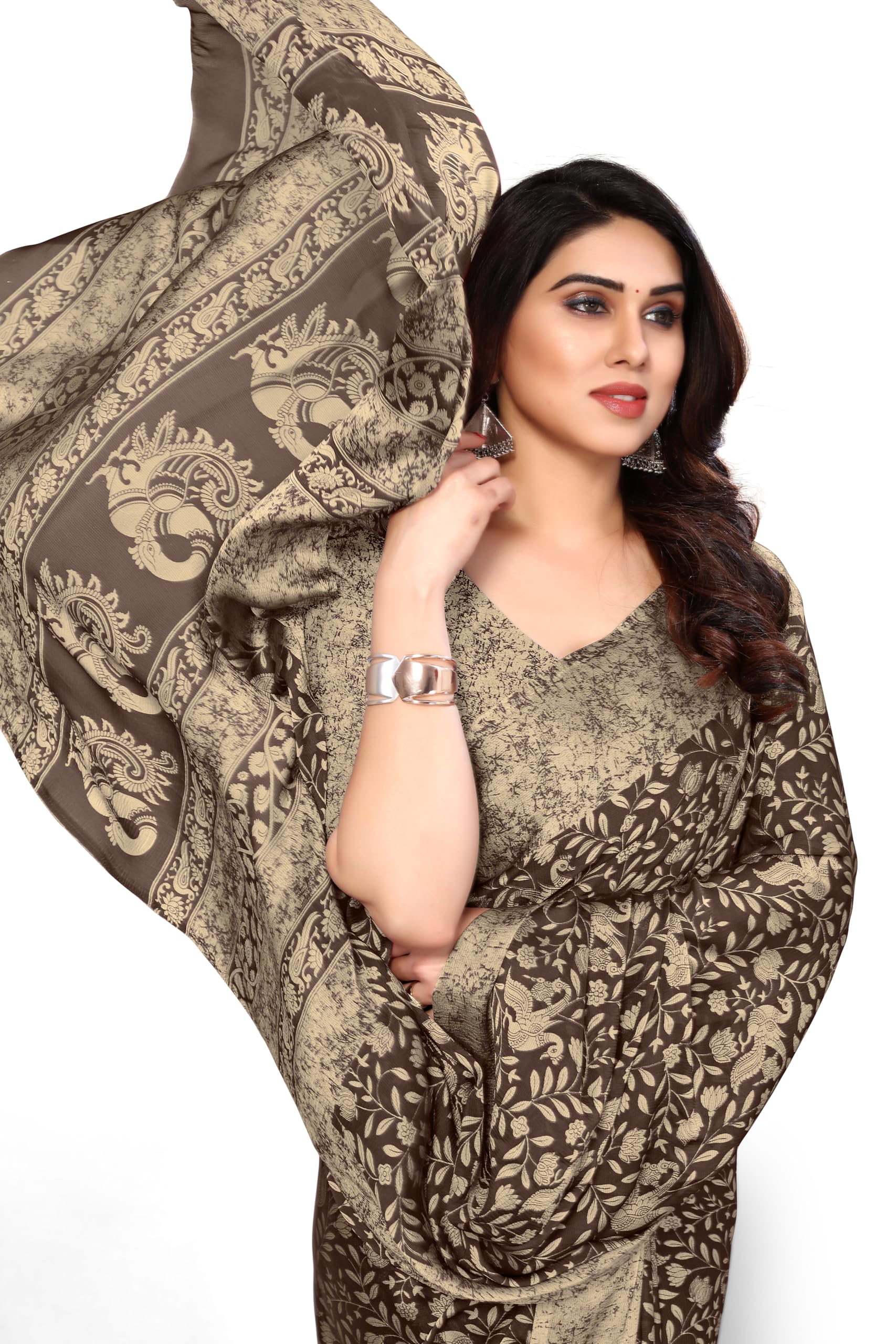 MIRCHI FASHION Chiffon Georgette Madhubani Printed Saree for Women - Brown