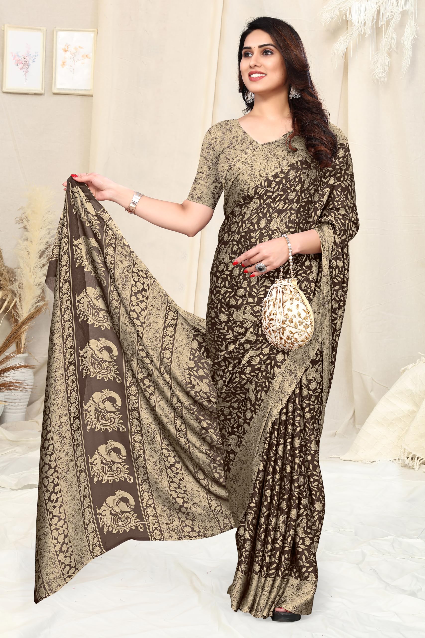MIRCHI FASHION Chiffon Georgette Madhubani Printed Saree for Women - Brown - Image 2