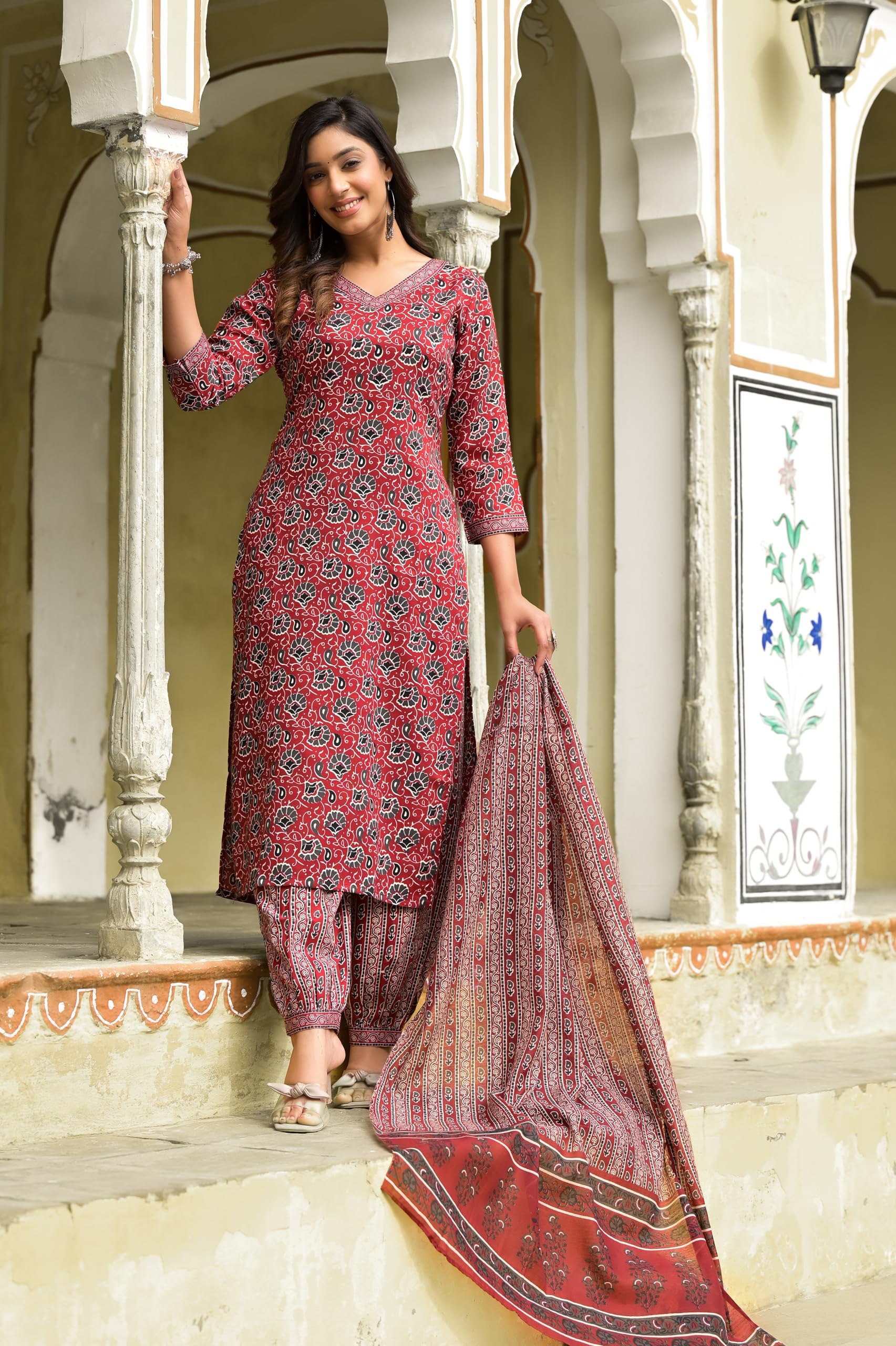 KLOSIA Kurta Pant Set with Dupatta for Women - Maroon - Image 3