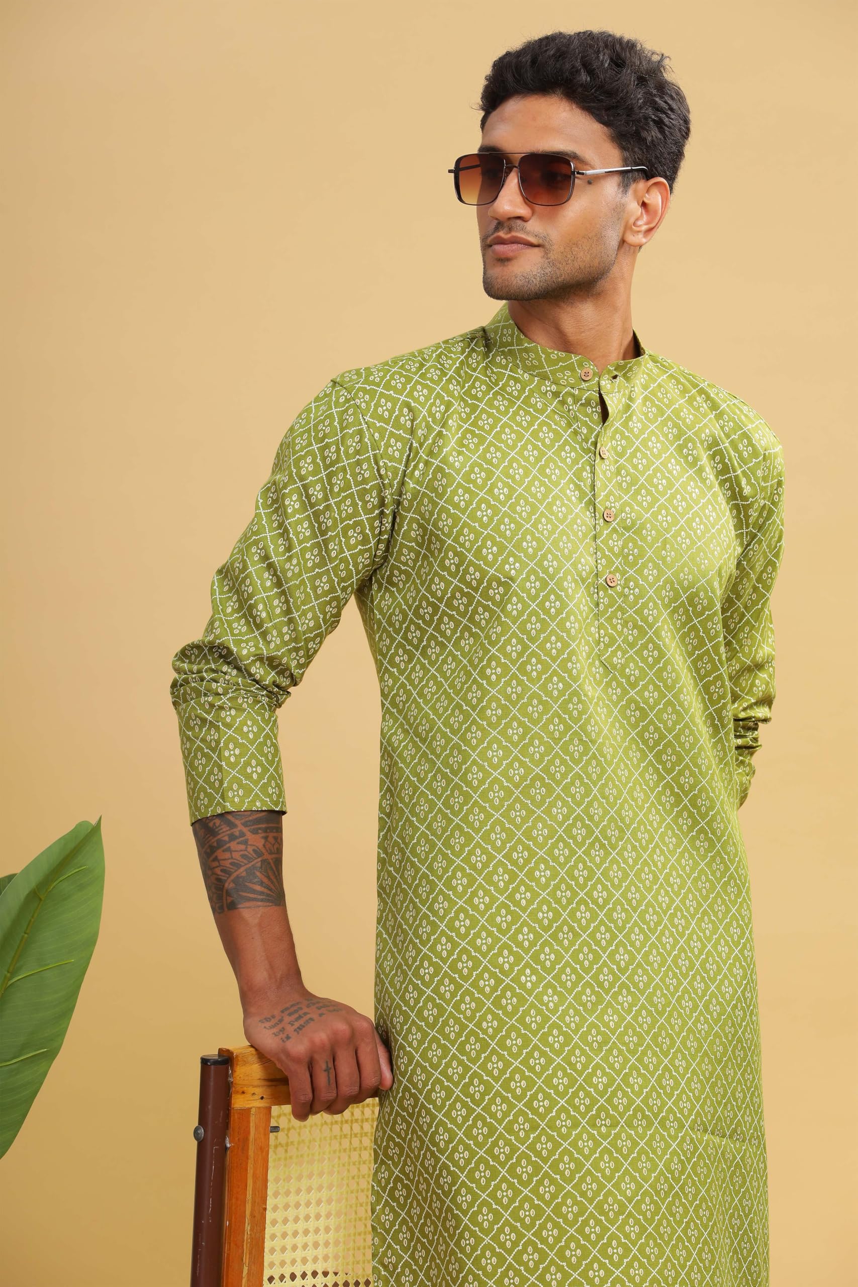 BE ACTIVE Men's Green Cotton Kurta - Image 2