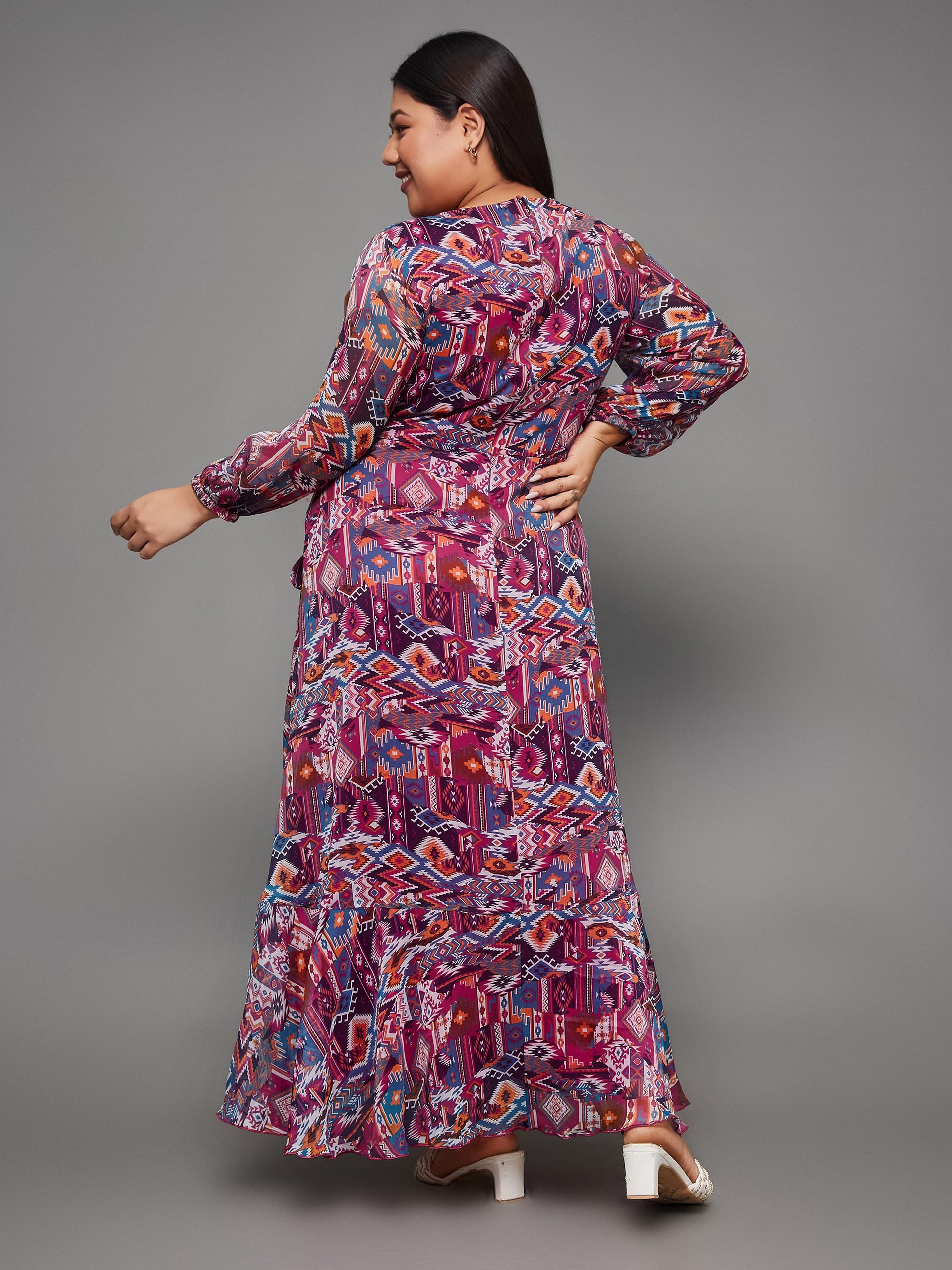 Miss Chase Multicolored V-Neck Wrap Midi Chiffon Dress - Image 4