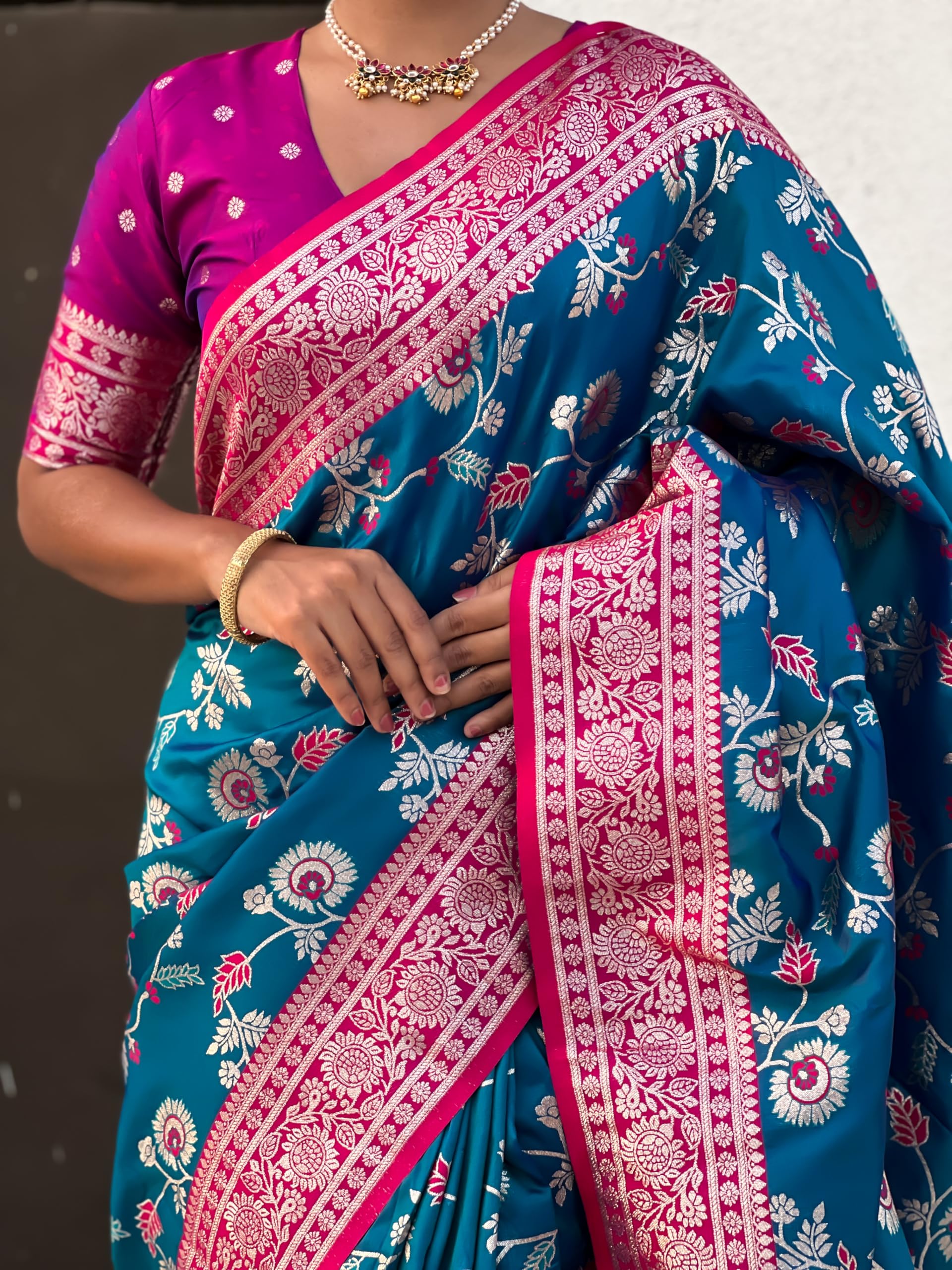 GarbGlide Women's Kanjivaram Silk Saree - Rama Blue - Image 5