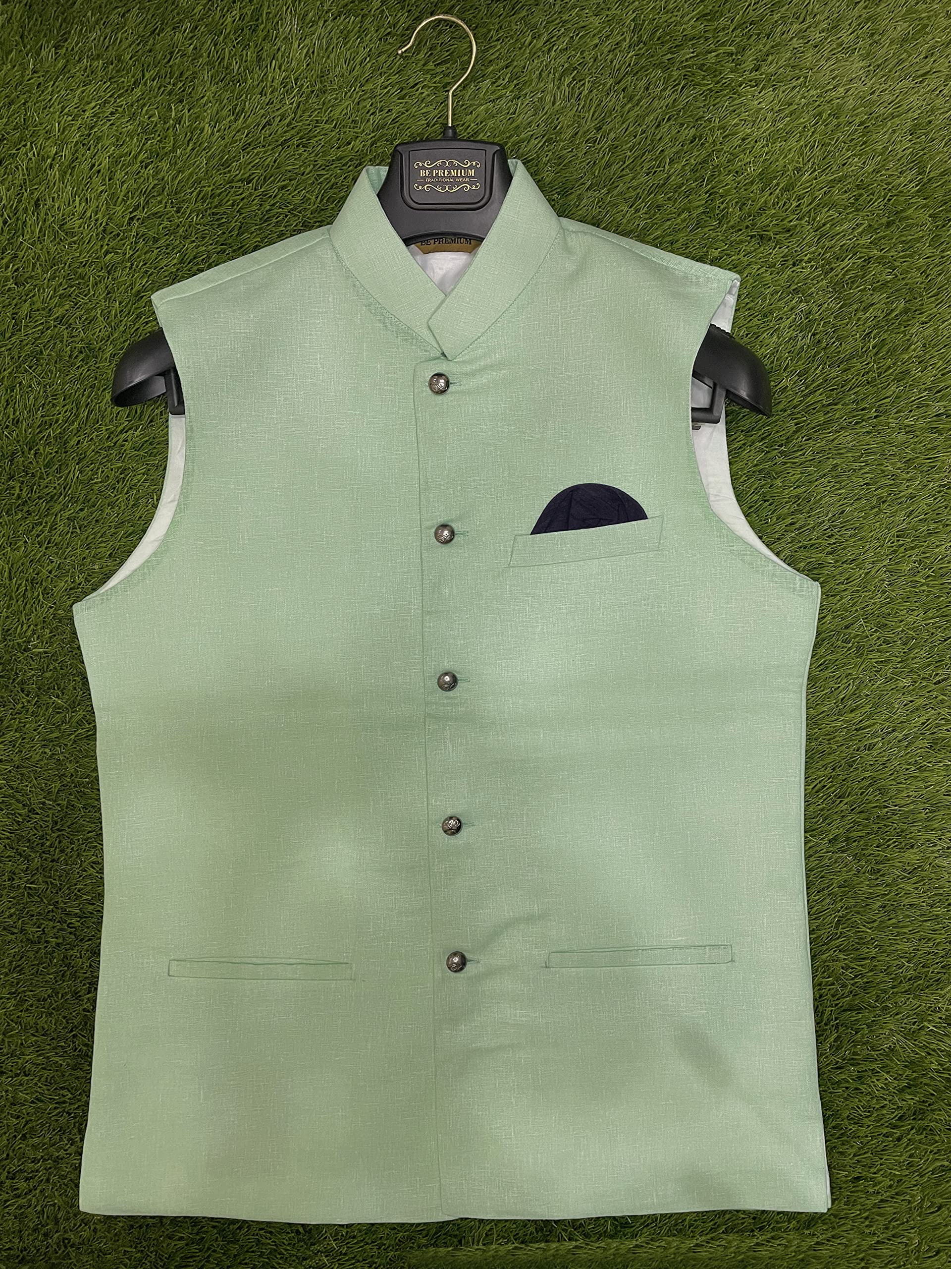 Linen Blend Nehru Jacket for Men - Olive Green - Image 4