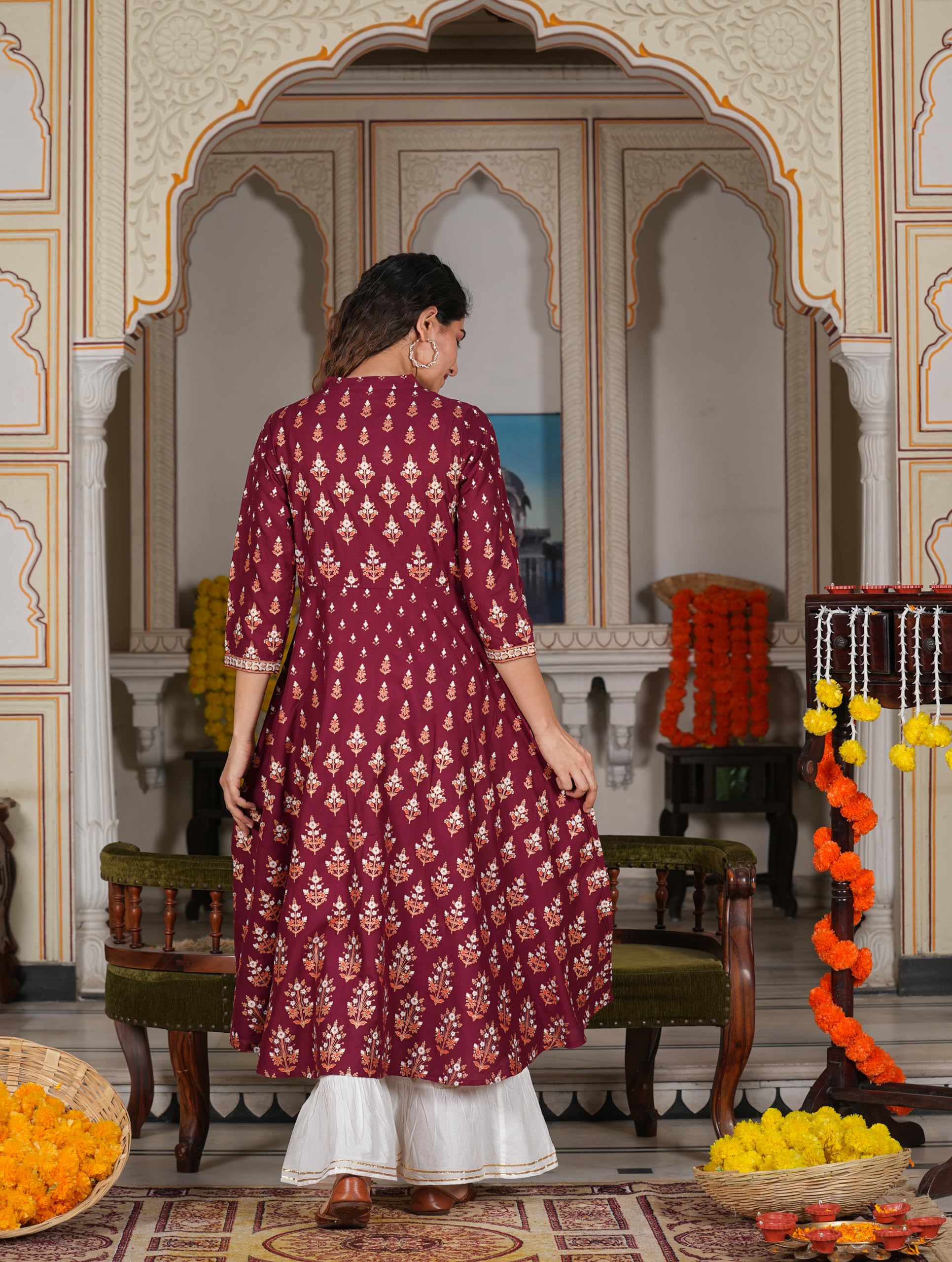 Yash Fashion Women's Rayon Floral Anarkali Kurta - Maroon - Image 4