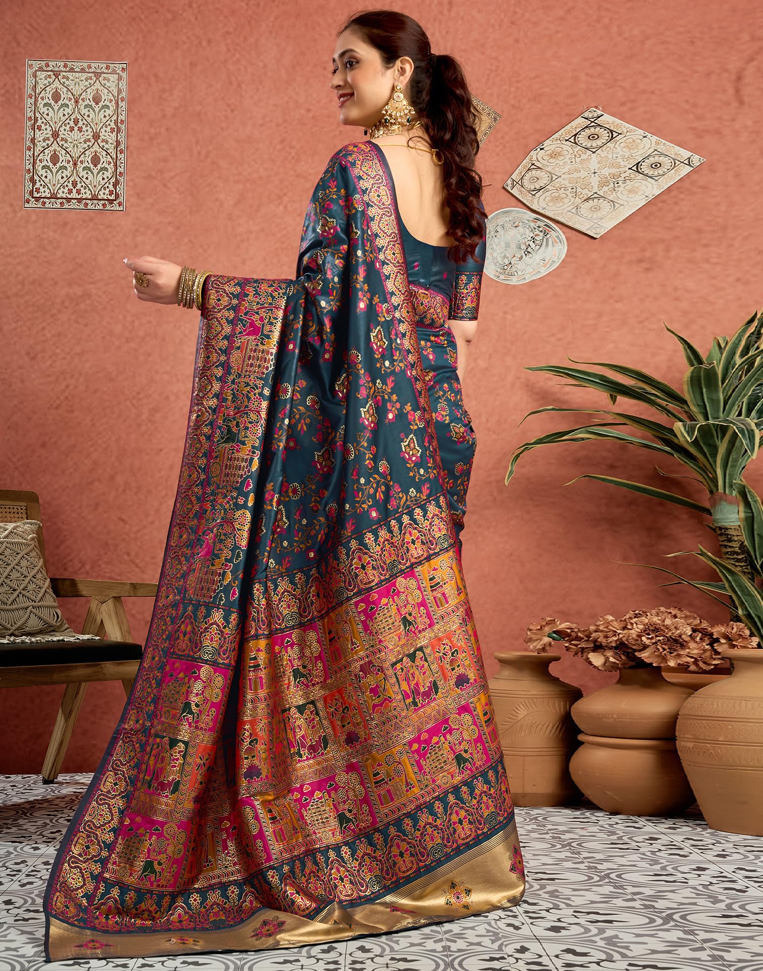 SIRIL Women's Silk Kashmiri Minakari Jacquard Saree - Rama Blue - Image 4