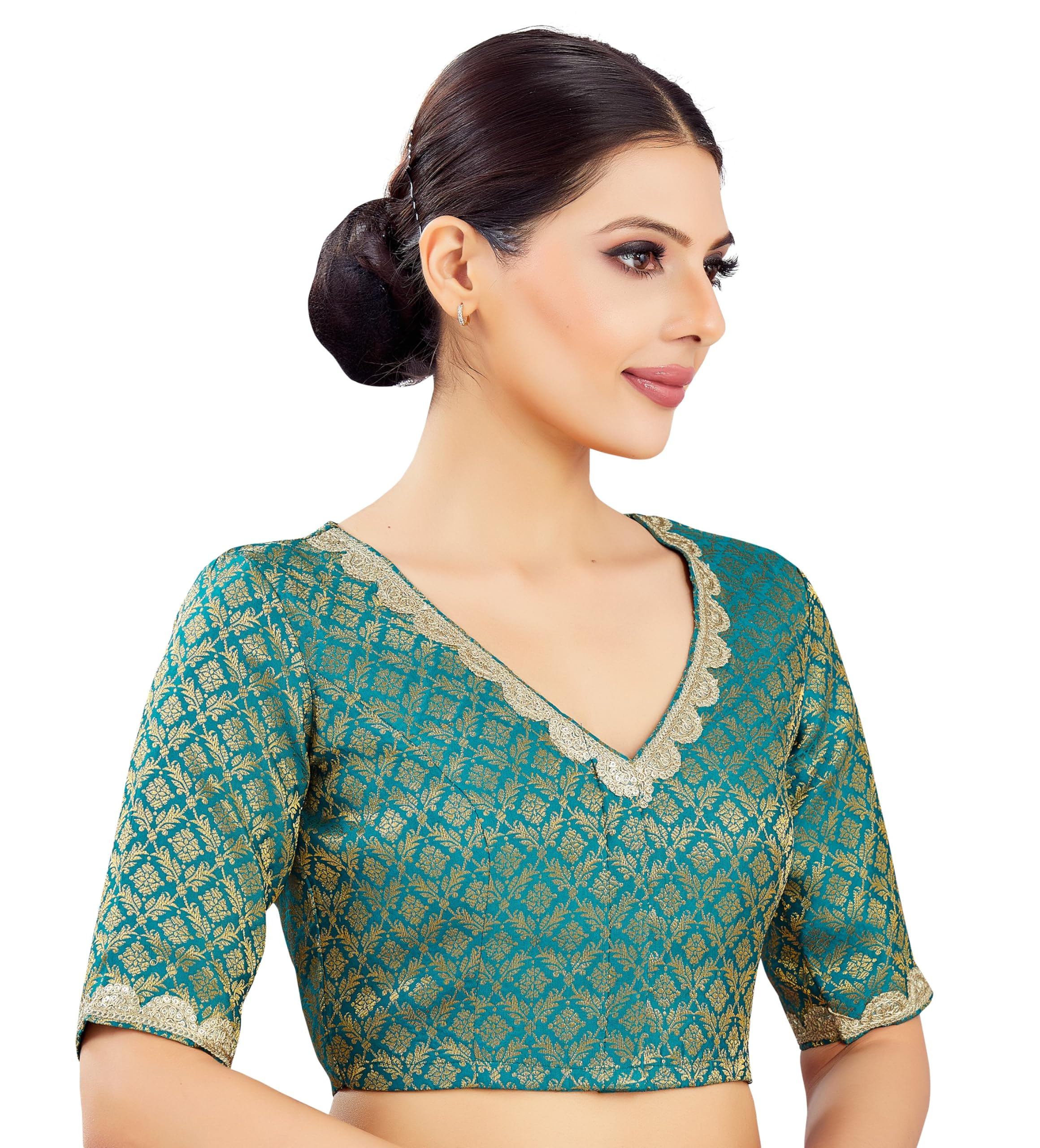 Studio Shringaar Firozi Brocade Embroidered Saree Blouse - Image 4