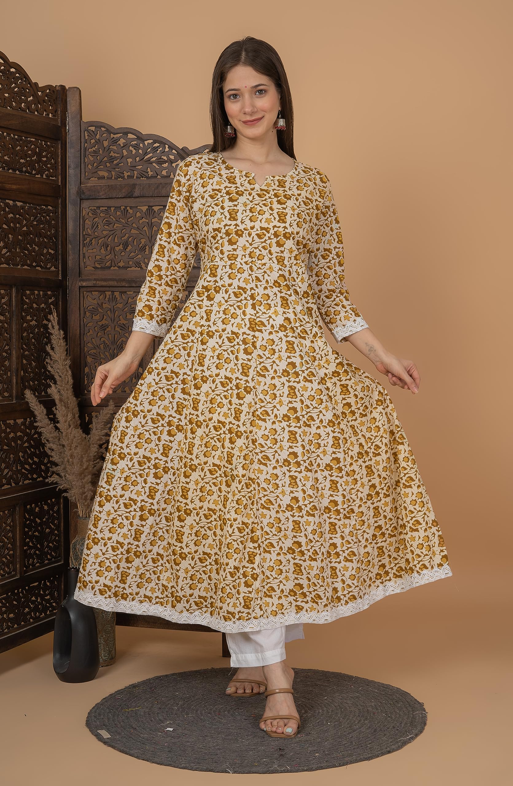 MEERA FAB Brown Cotton Printed Anarkali Kurta for Women - Image 5