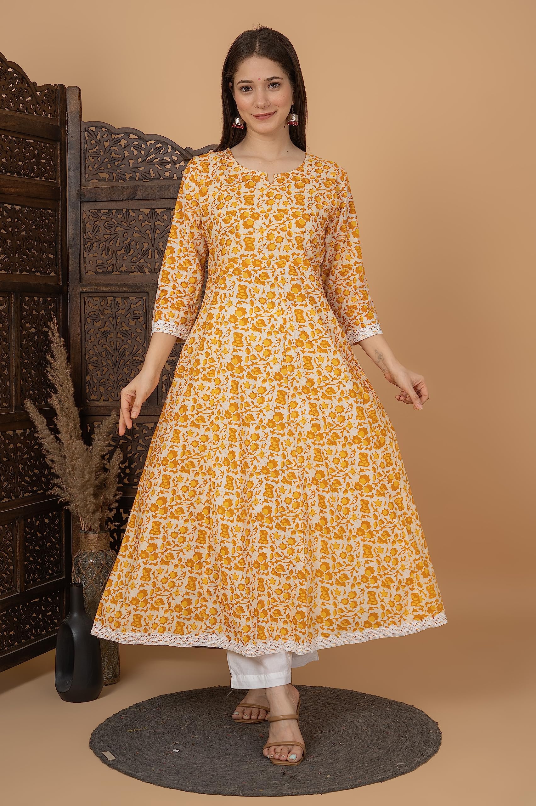 Yellow Cotton Anarkali Kurta Set for Women - Image 5