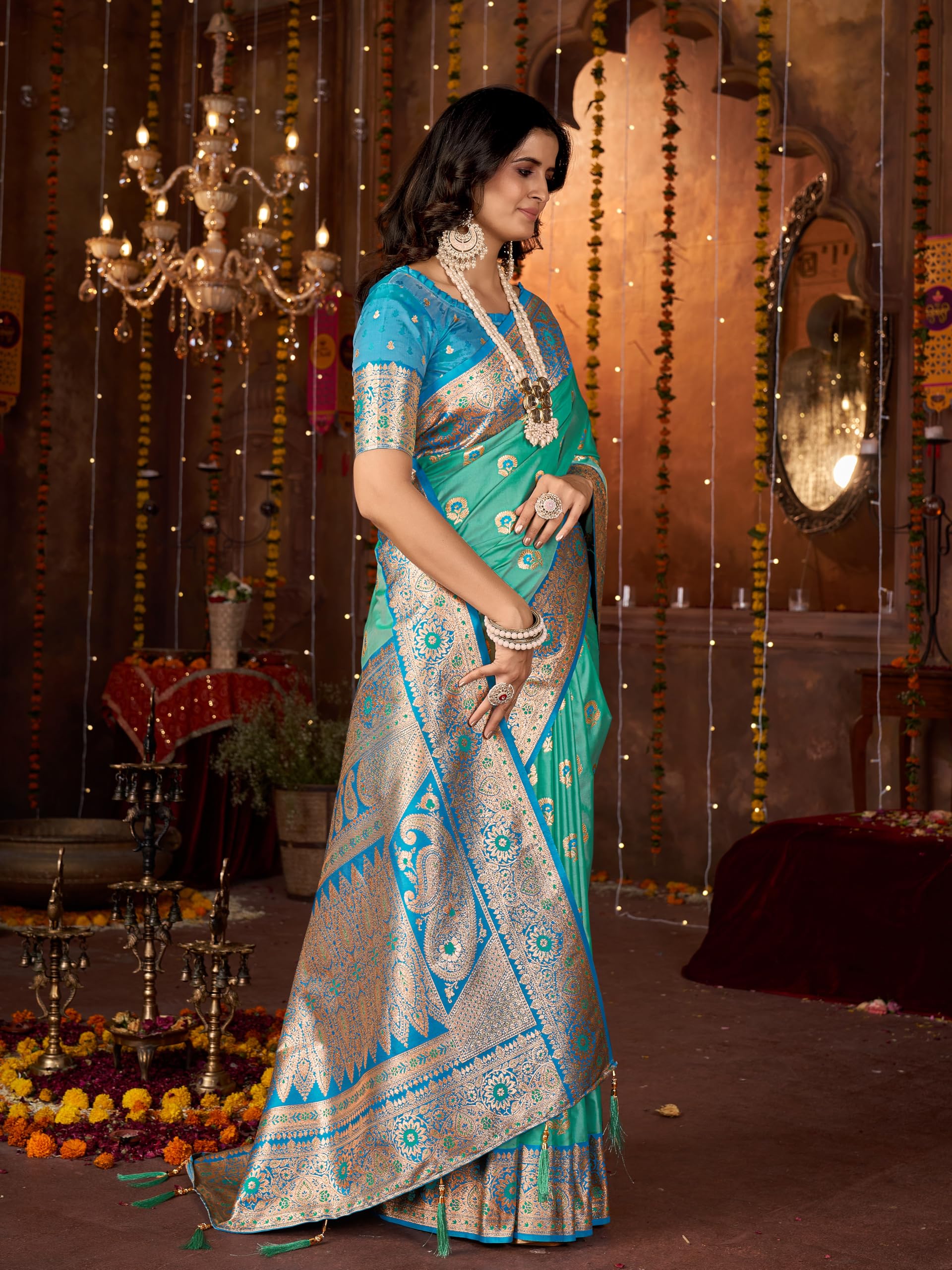Mehrang Cotton Banarasi Silk Saree for Women - Blue - Image 4