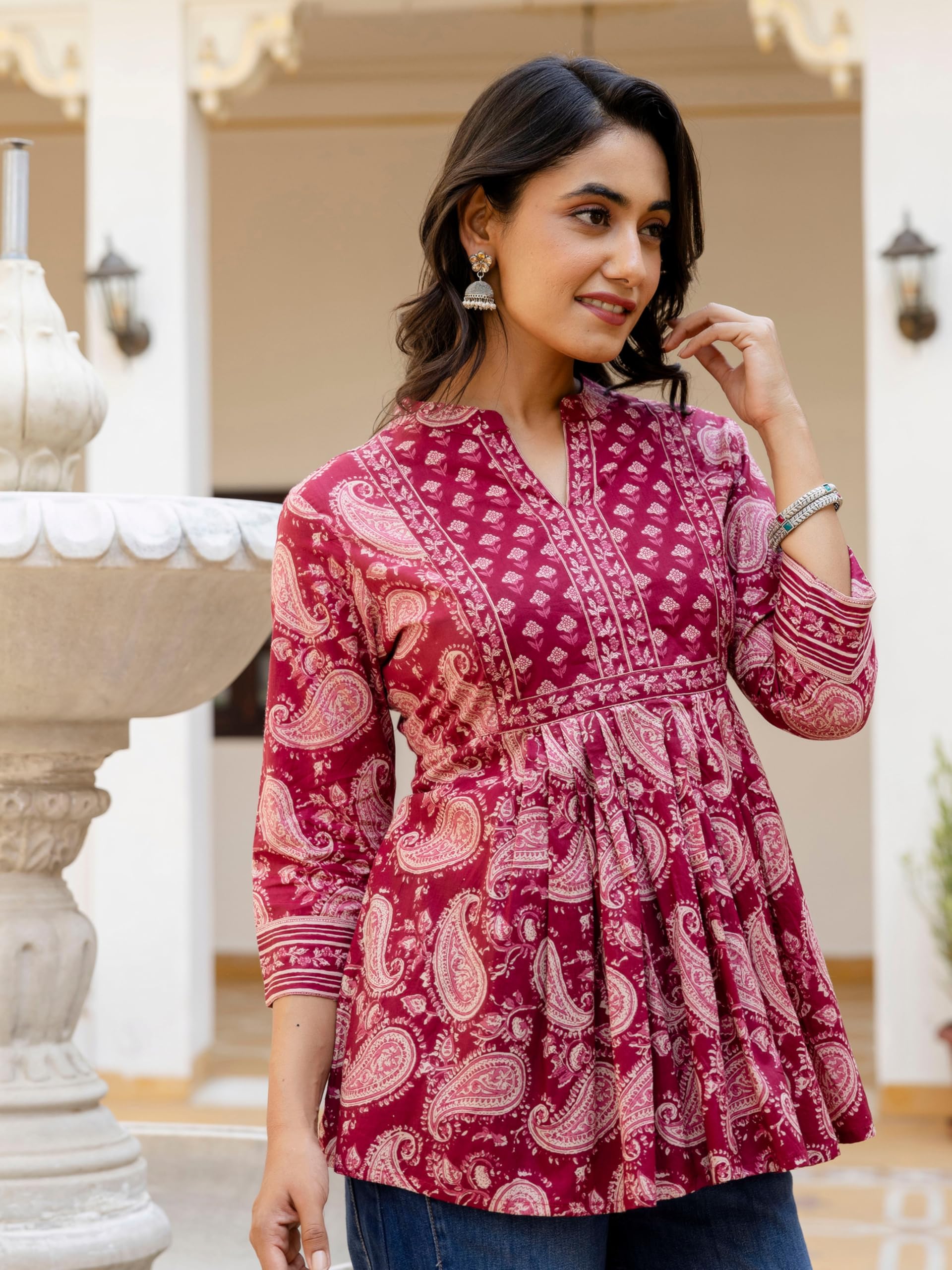 Arayna Women's Cotton Paisley Tunic Top - Maroon - Image 4