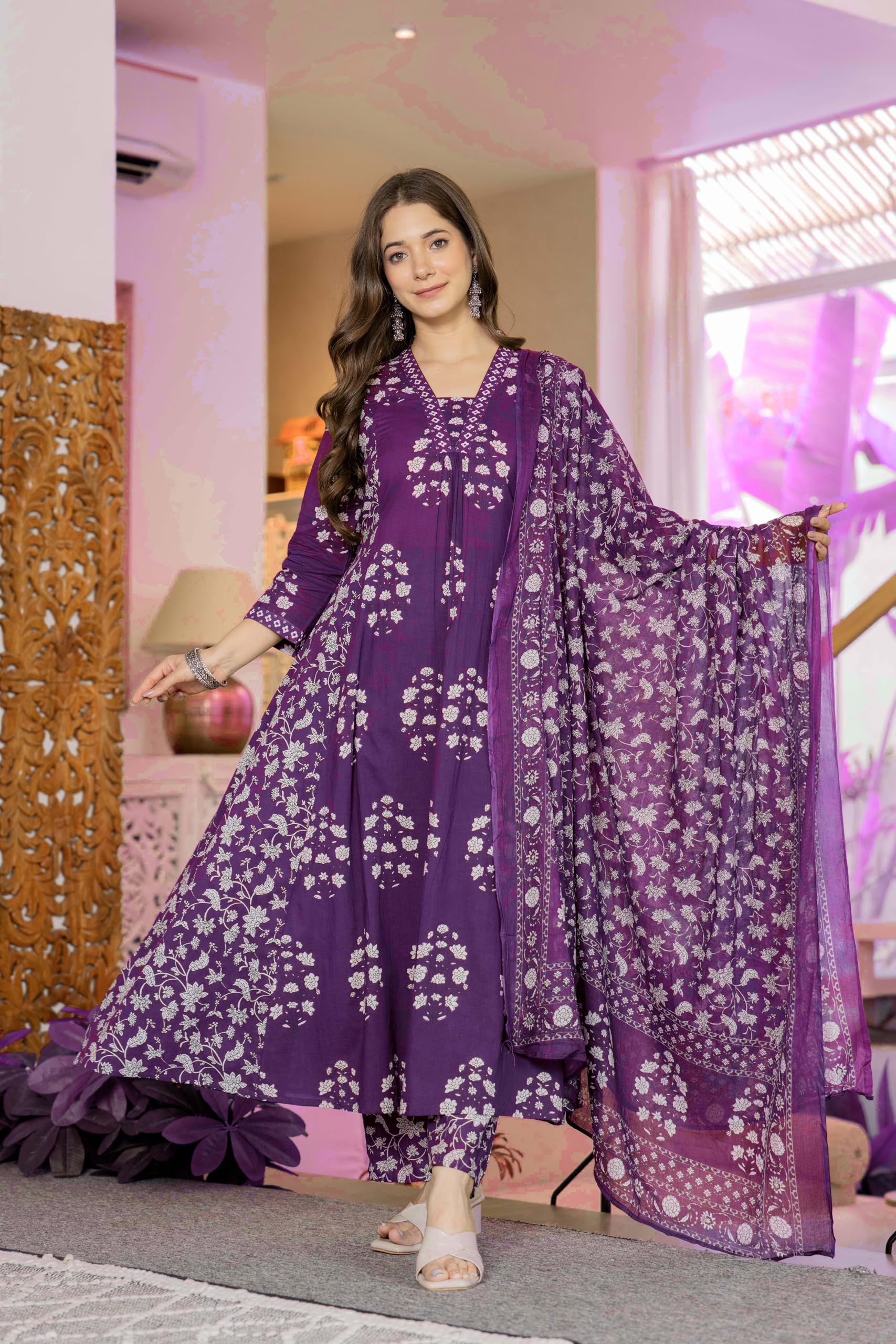 PARTHVI Purple Cotton Block Printed Kurta Set for Women - Image 3