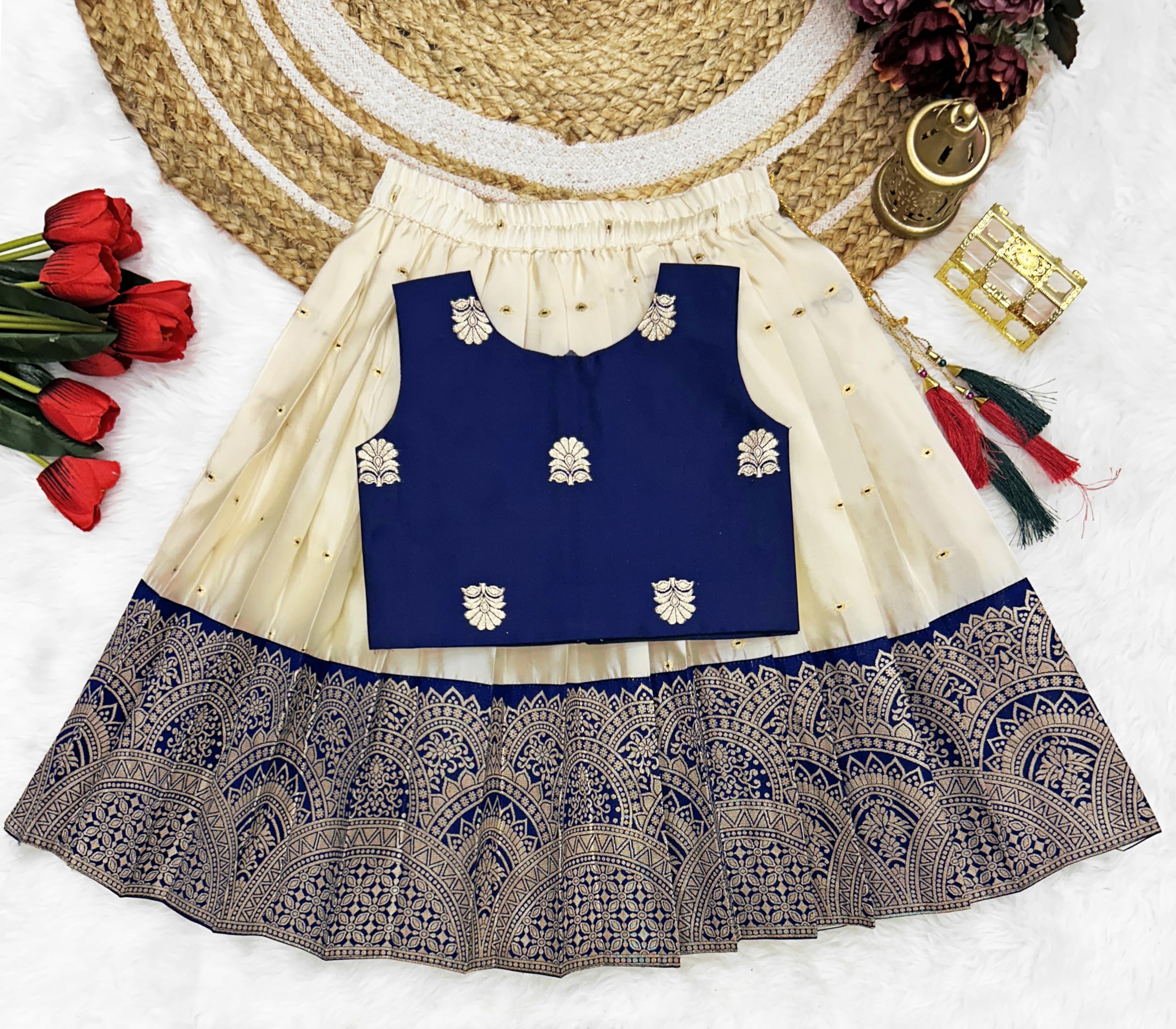 FELIZ Baby Girl Cotton Pattu Pavadai Lehenga Choli - Baby Blue - Image 2