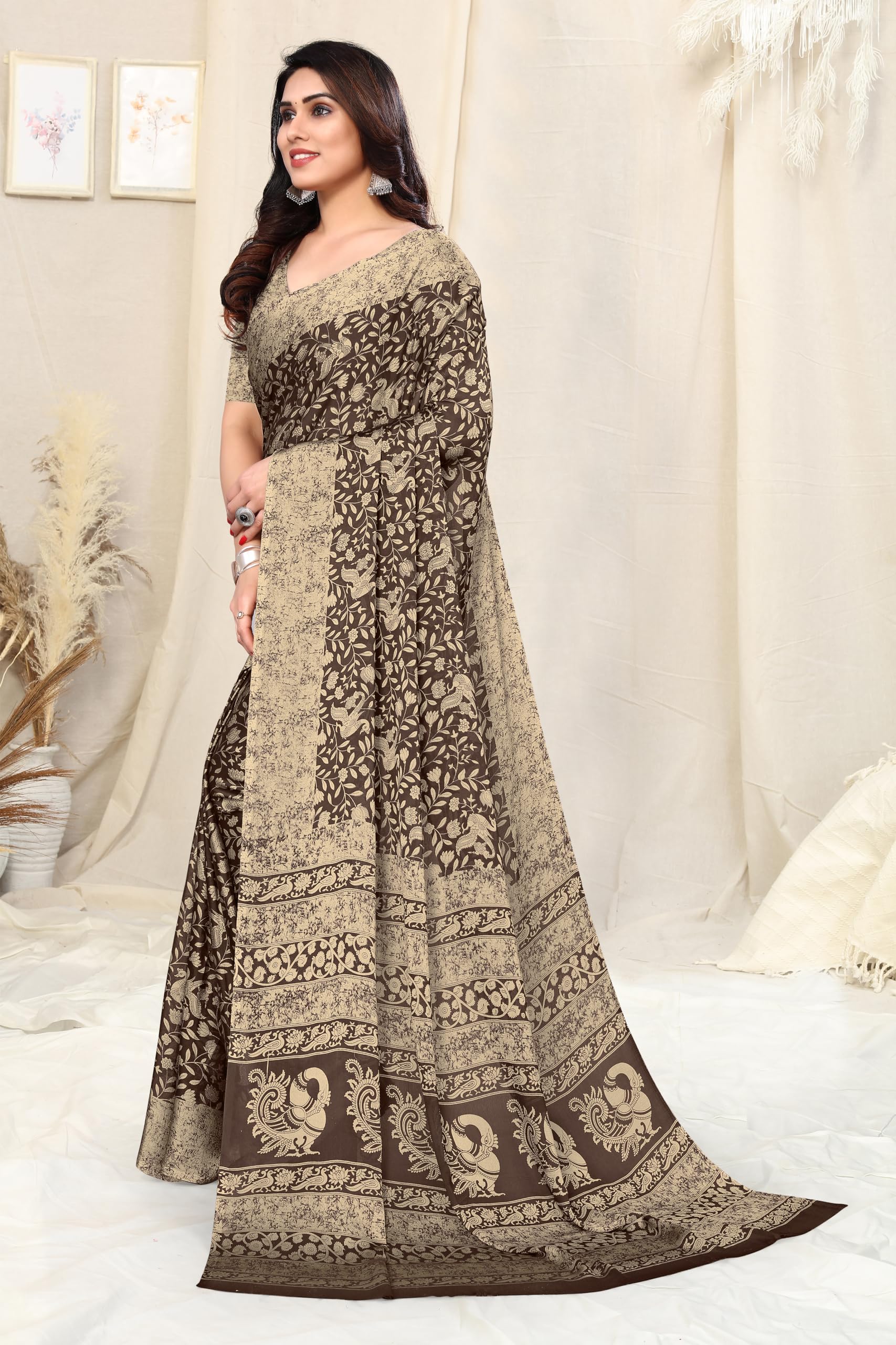 MIRCHI FASHION Chiffon Georgette Madhubani Printed Saree for Women - Brown - Image 3