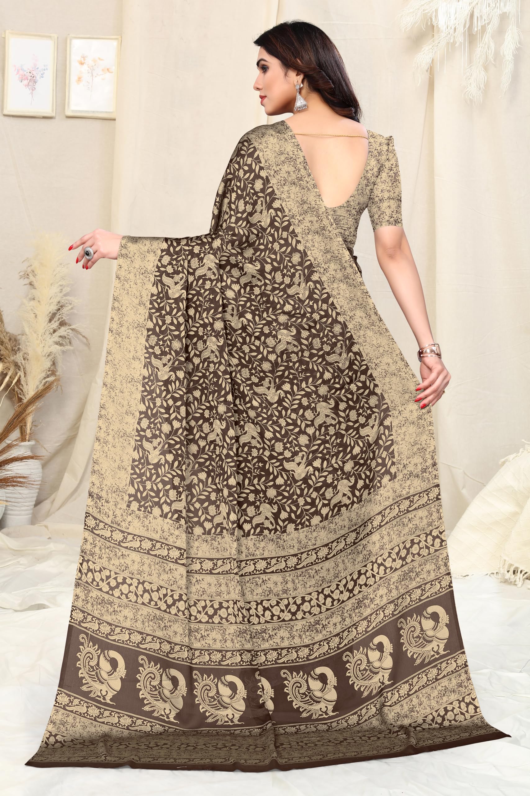 MIRCHI FASHION Chiffon Georgette Madhubani Printed Saree for Women - Brown - Image 4