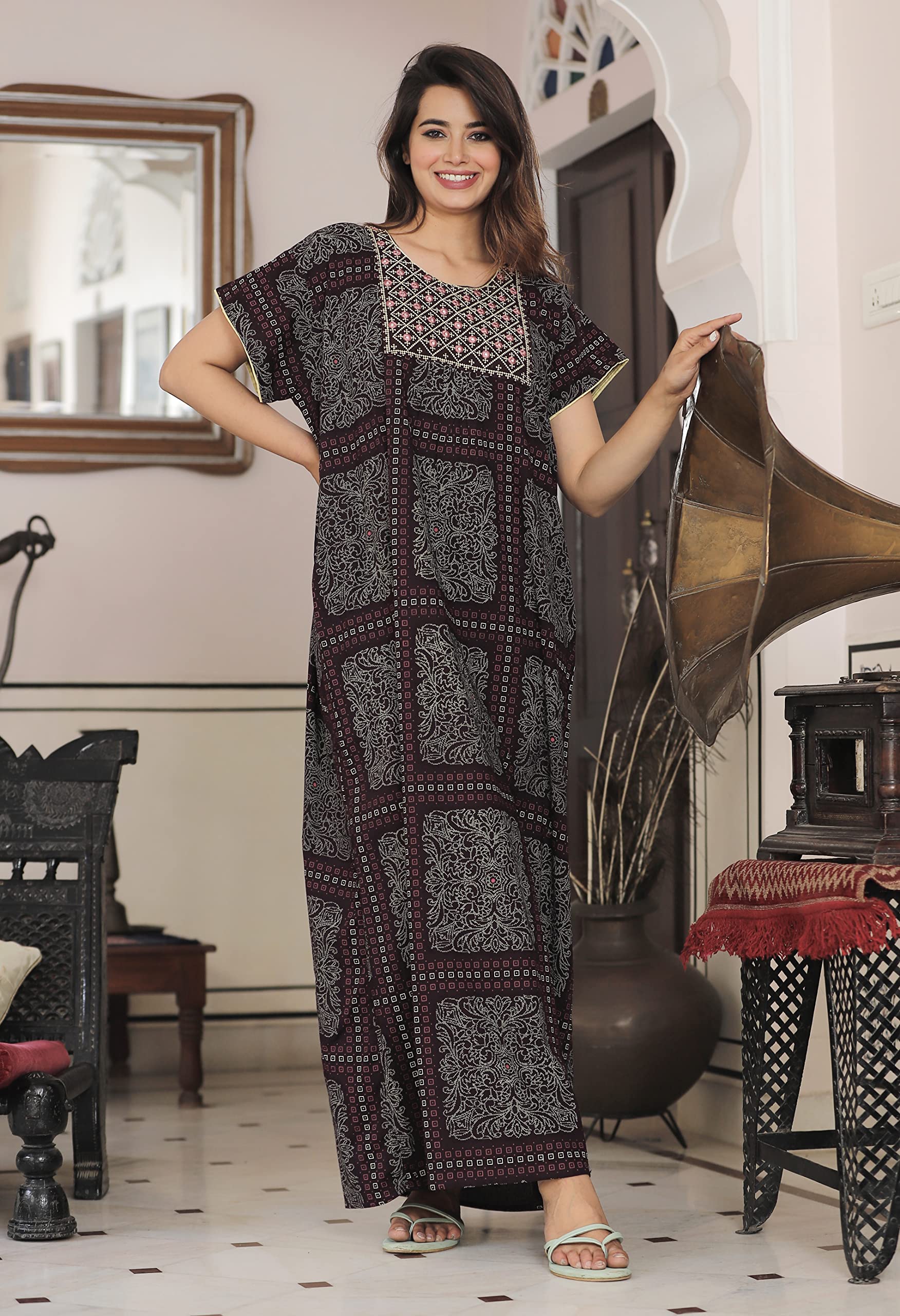 G4Girl Violet Cotton Embroidered Maxi Nighty for Women - Image 4