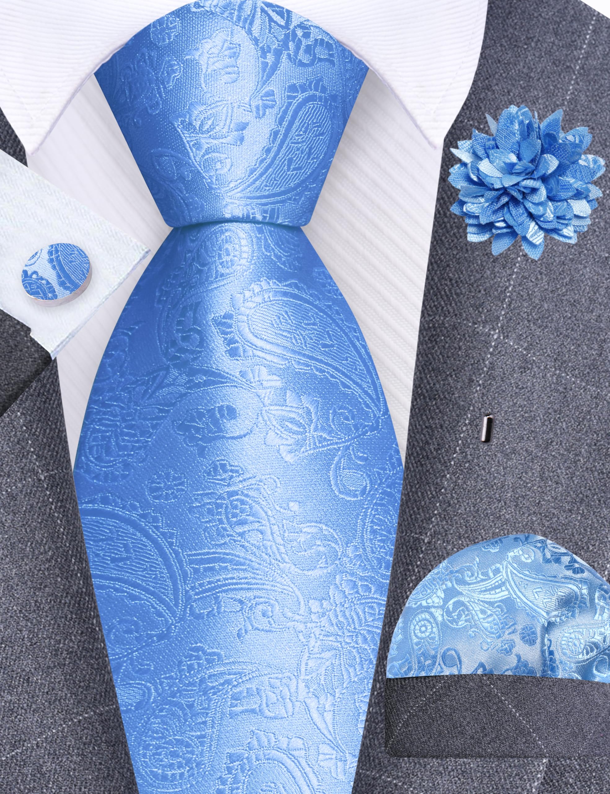GUSLESON Men's Sky Blue Paisley Wedding Necktie Set - Image 2
