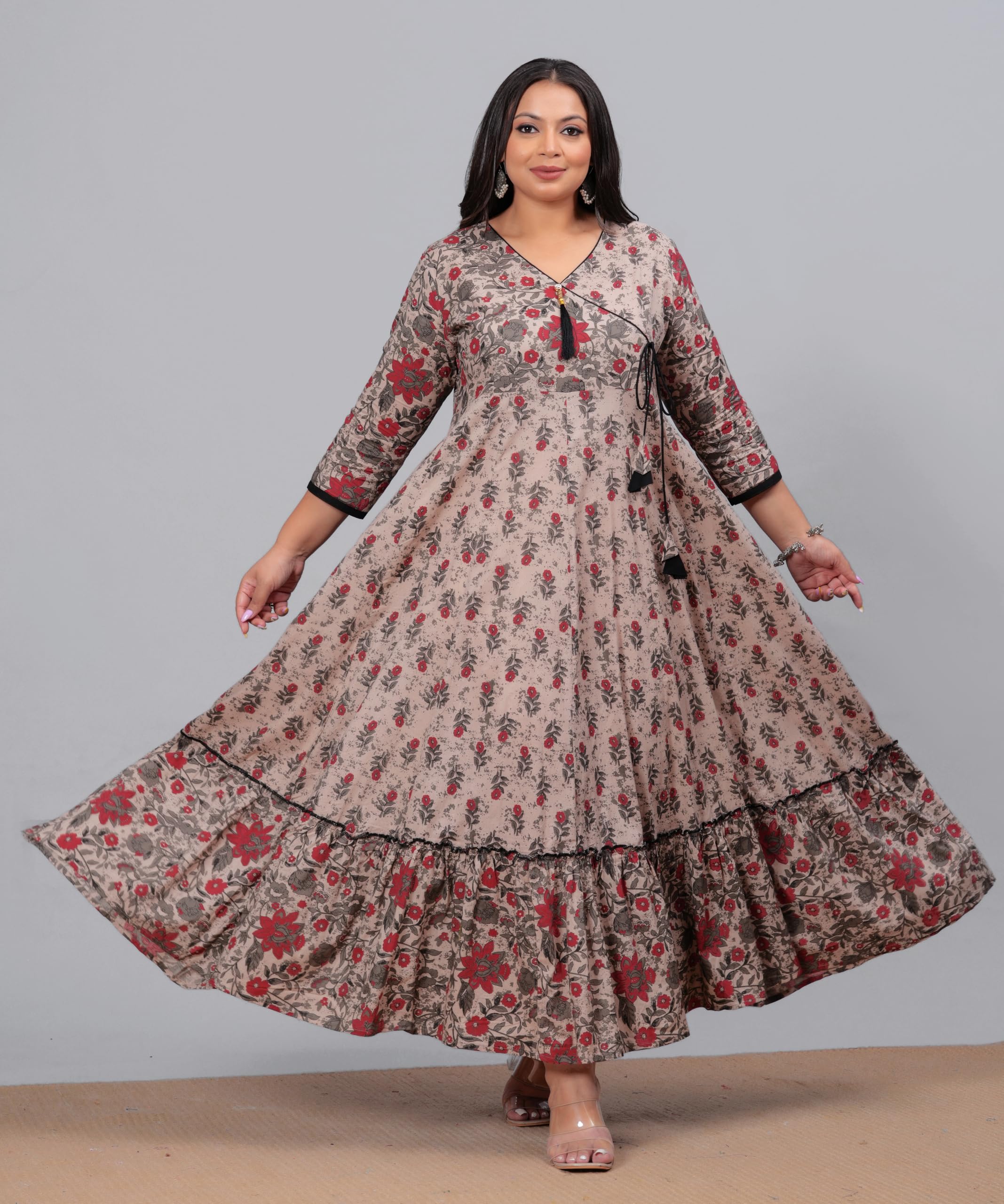 LABULY Women Cotton Printed Anarkali Kurta - Coffee - Image 3