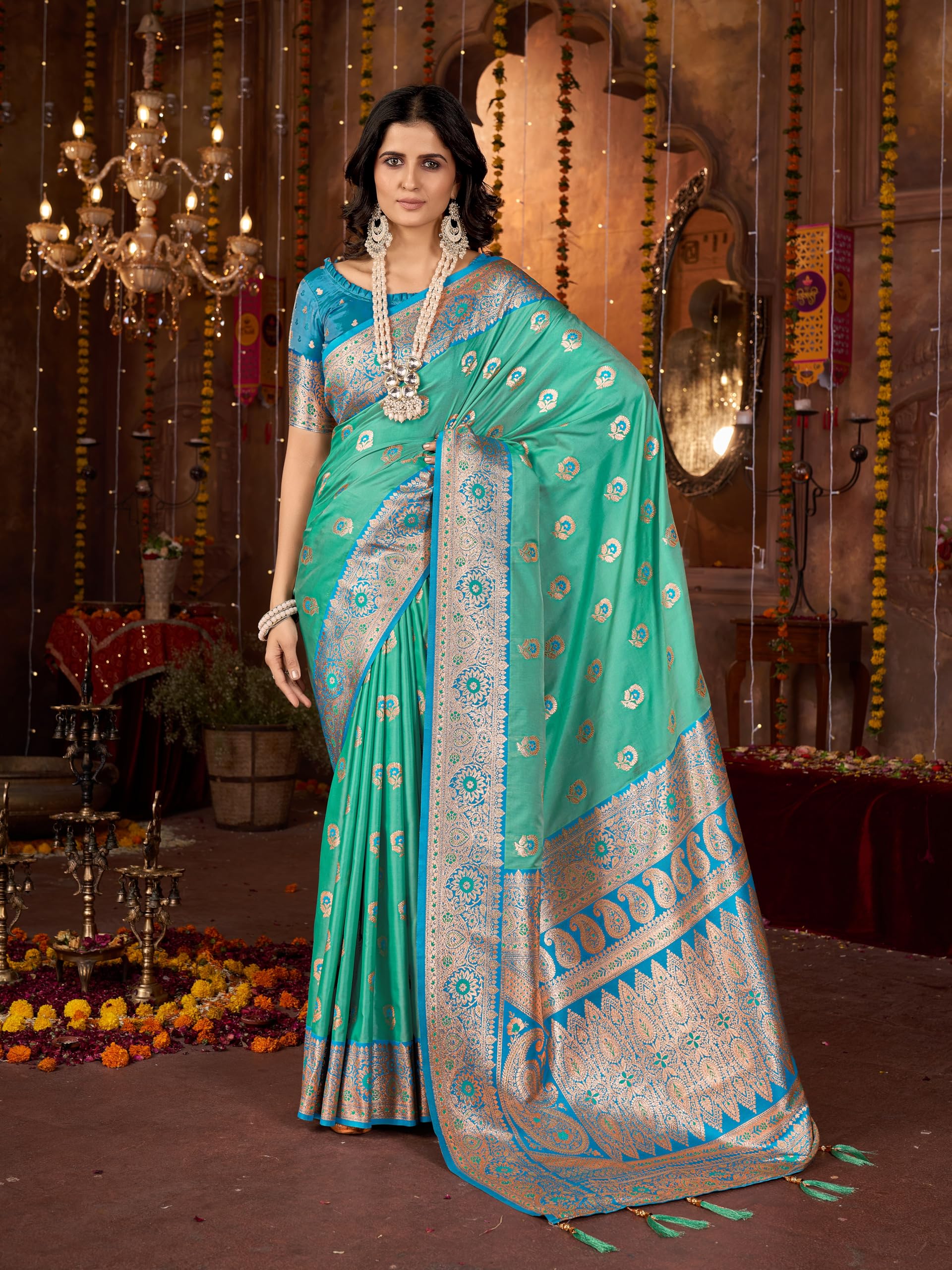 Mehrang Cotton Banarasi Silk Saree for Women - Blue - Image 2