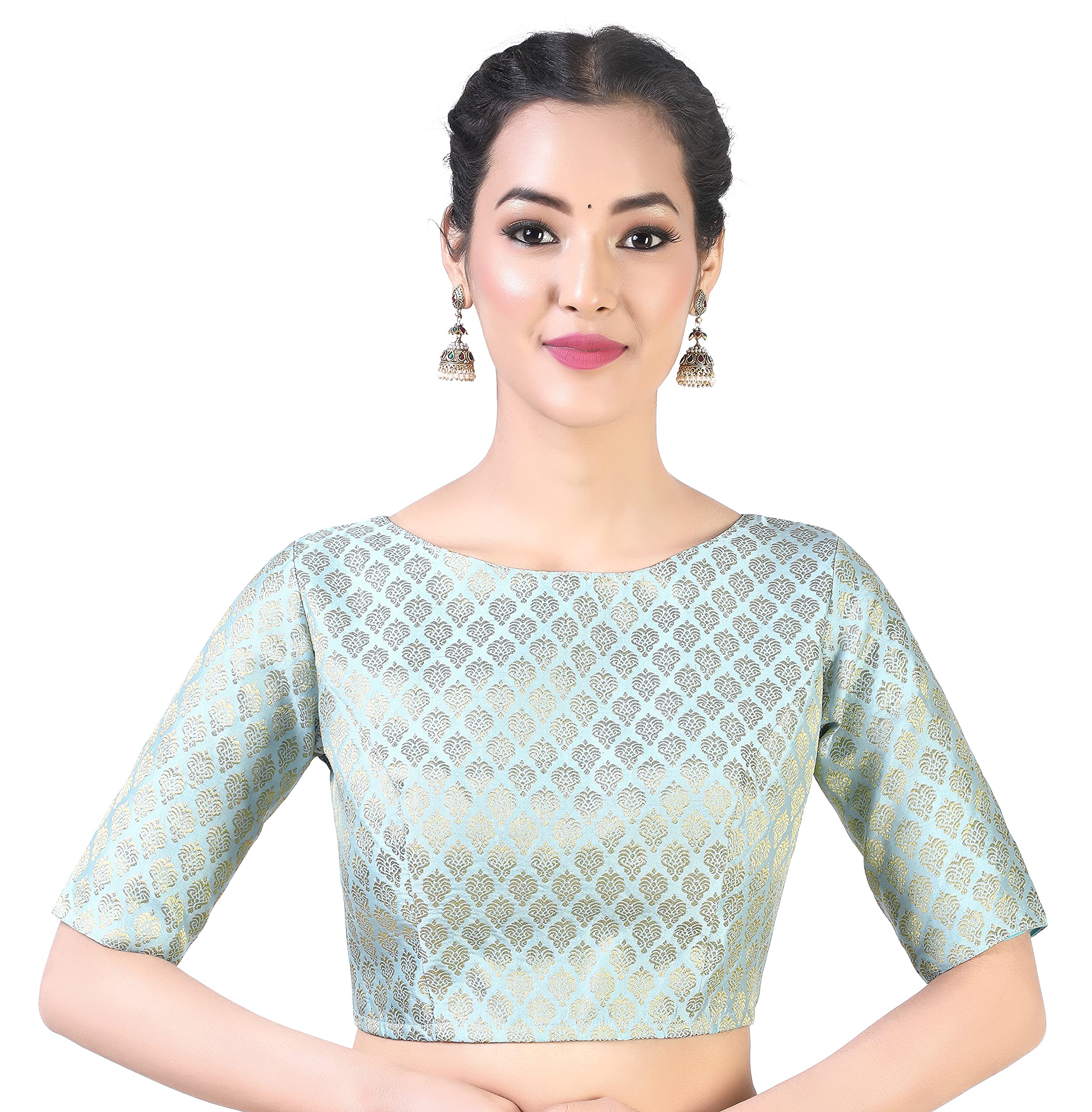 Studio Shringaar Women's Pastel Brocade Saree Blouse - Sky Blue
