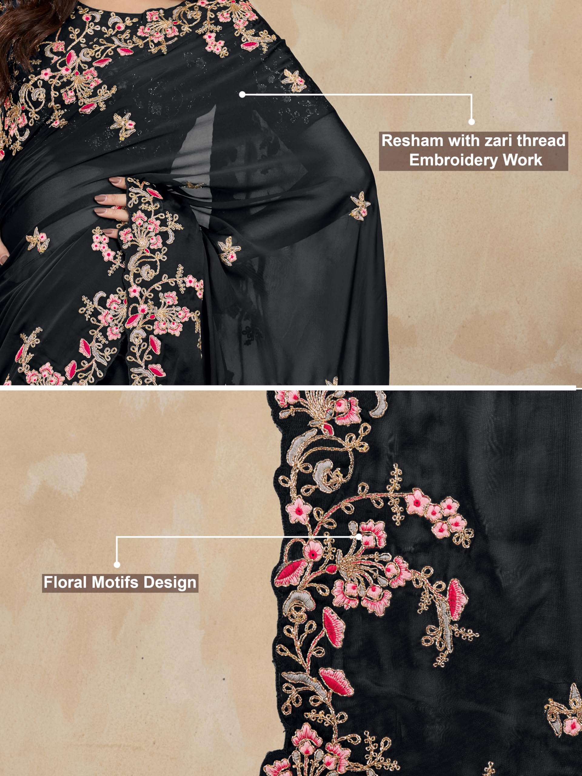 TRENDMALLS Women's Rangoli Silk Embroidred Saree - Black - Image 5