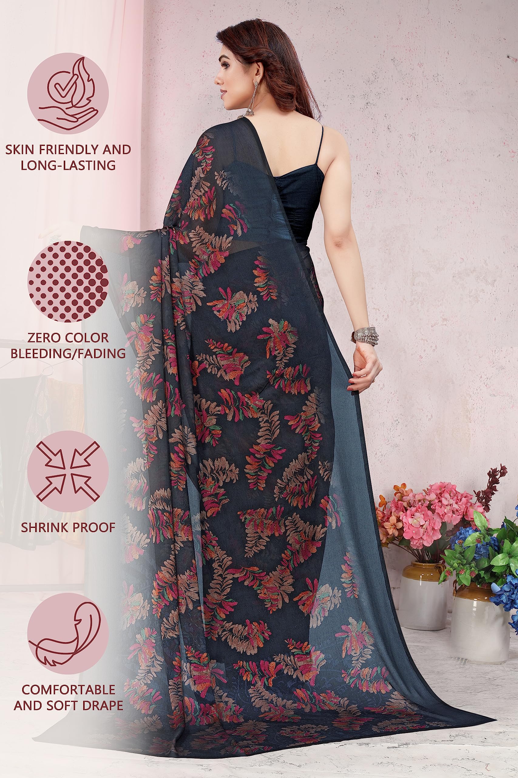 MIRCHI FASHION Leaf Printed Chiffon Saree for Women - Black - Image 3