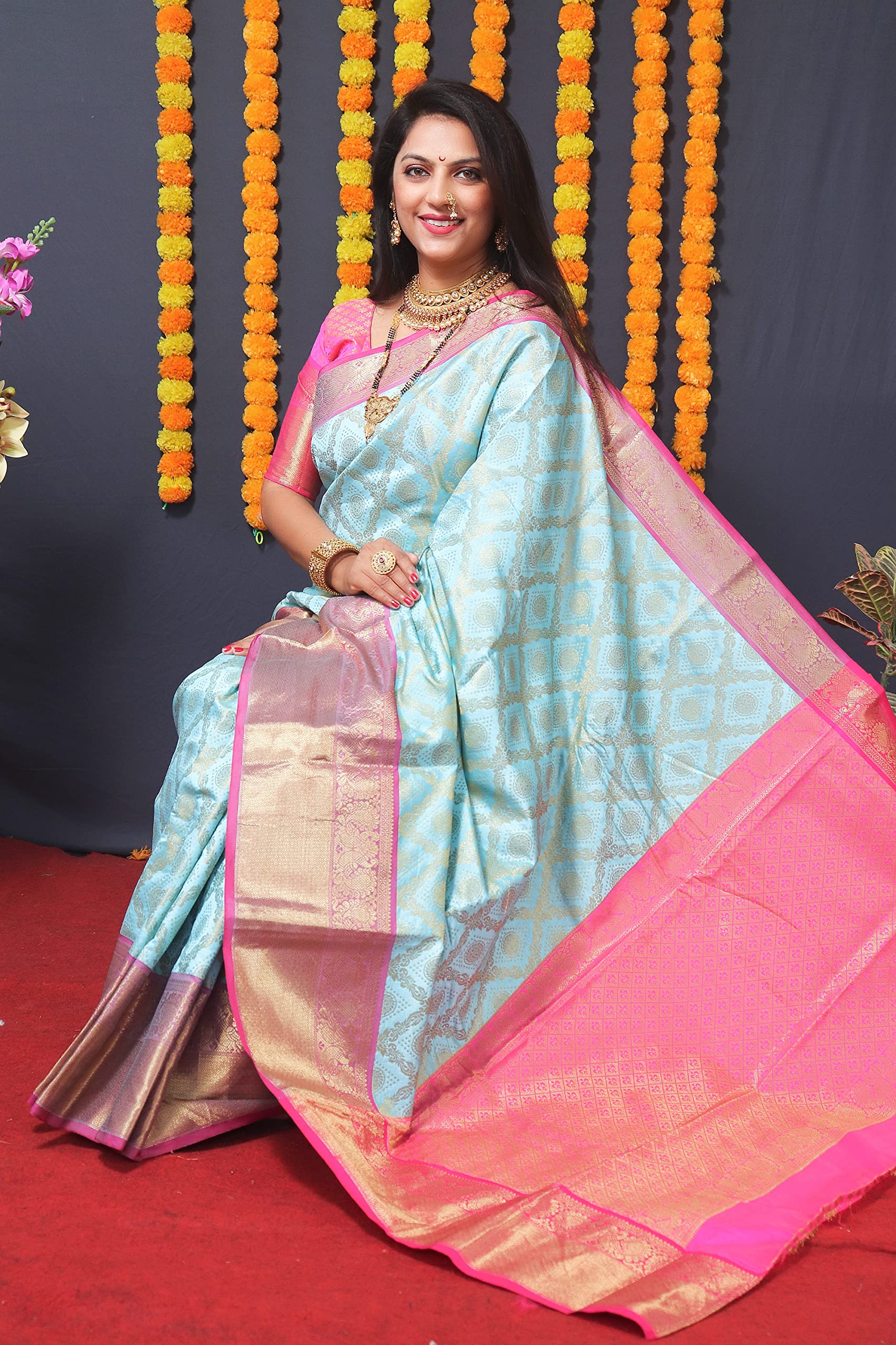 Kanjivaram Pure Silk Handloom Saree for Women - Light Blue - Image 3