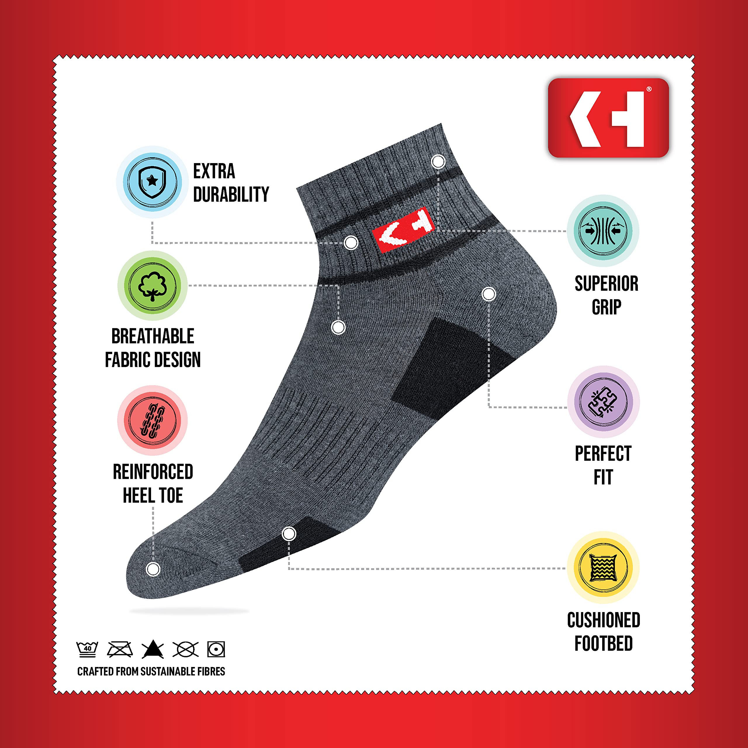 KOPNHAGN Men's Cotton Sports Socks - Grey & Black - Image 2