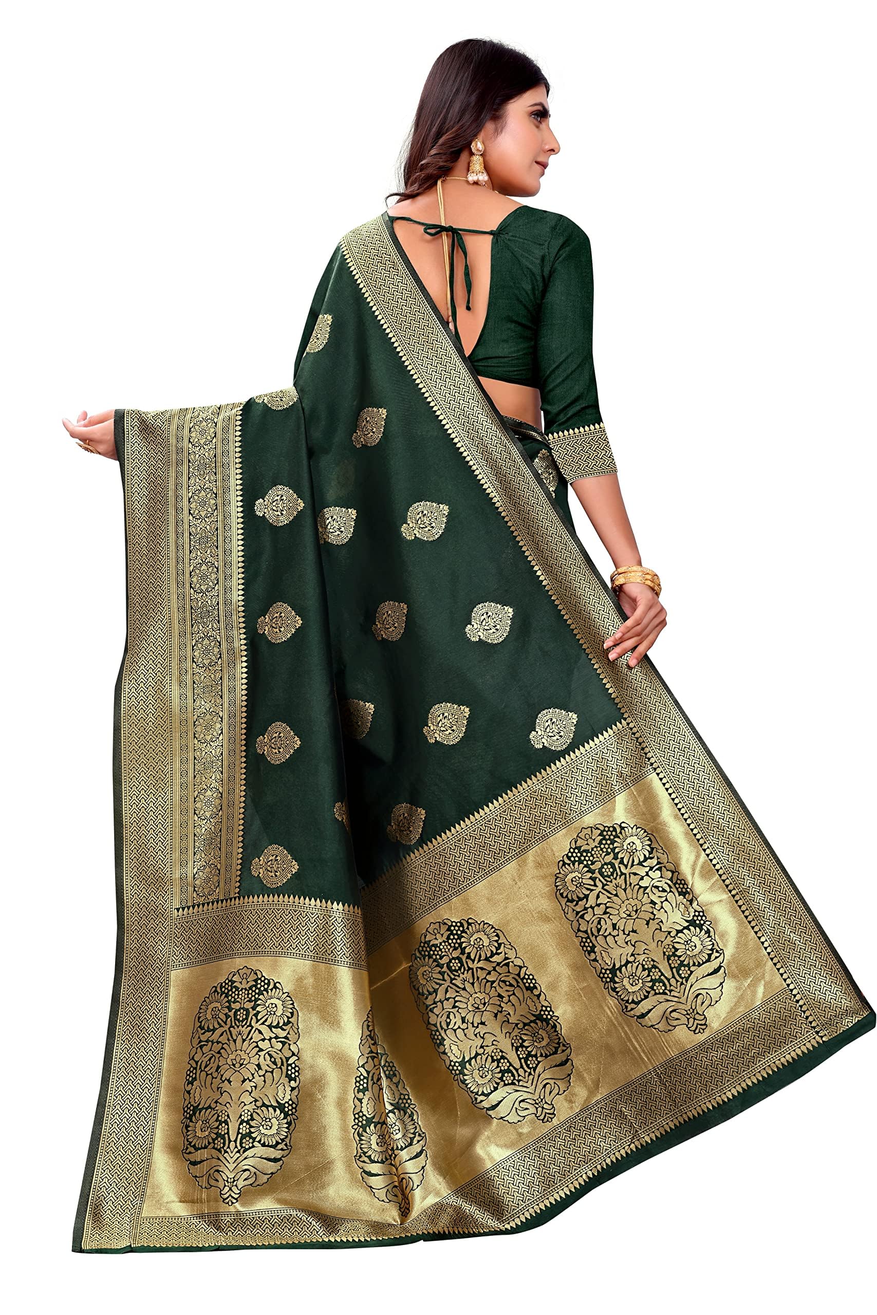 Kanjivaram Silk Saree for Women - Dark Green - Image 3