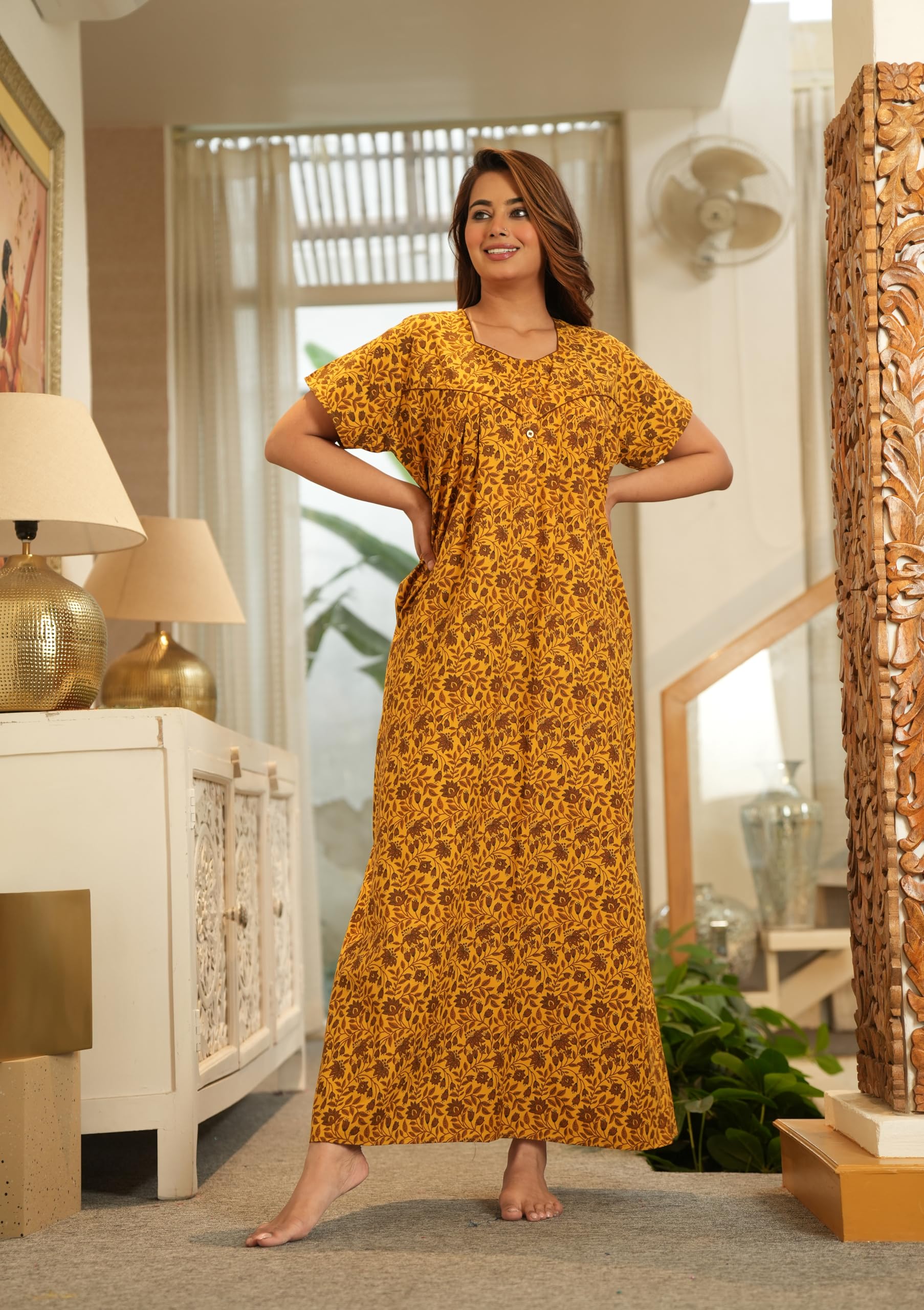 Jaipuri Cotton Nighty for Women - Yellow & Onion - Image 2