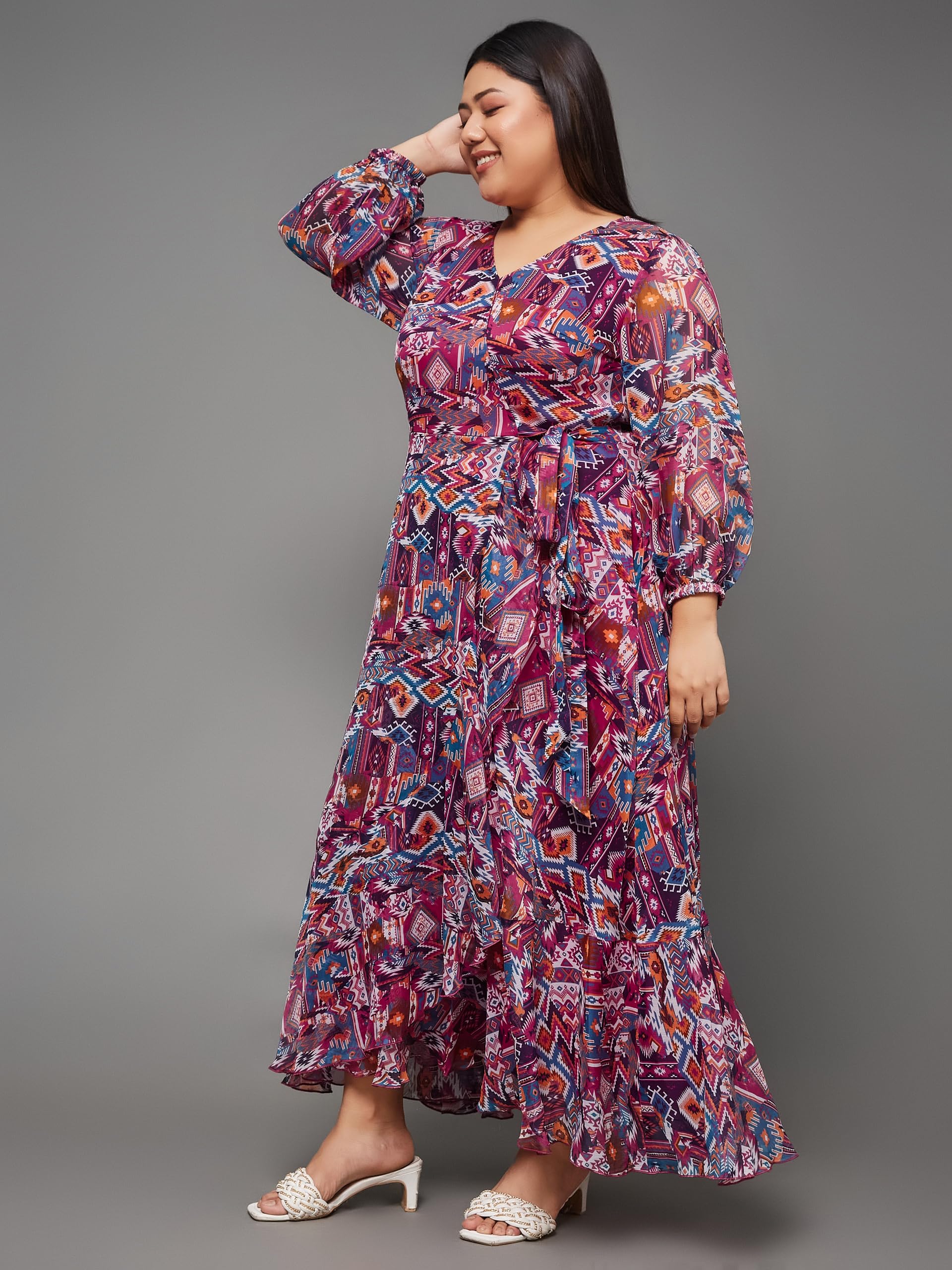 Miss Chase Multicolored V-Neck Wrap Midi Chiffon Dress - Image 3