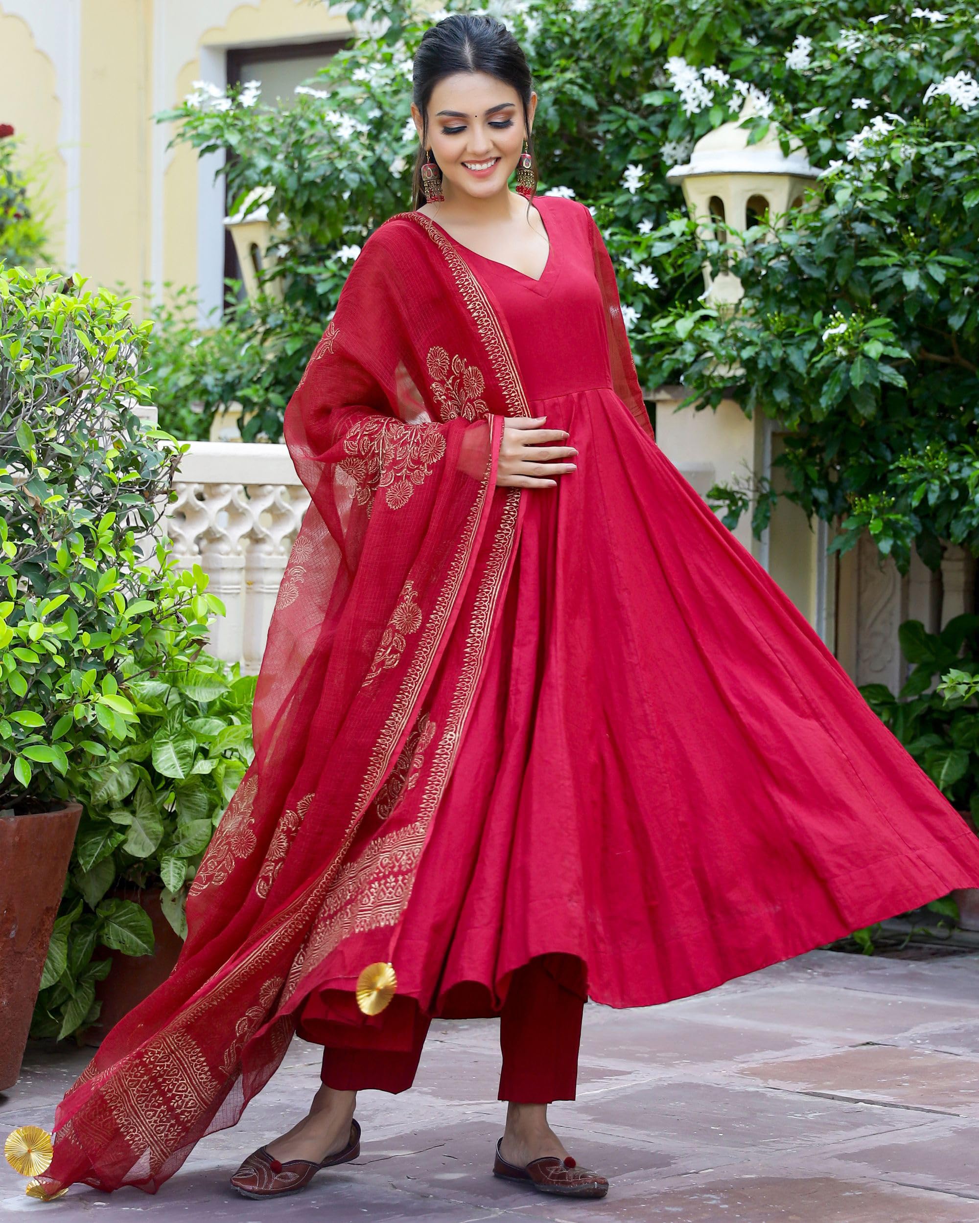 GoSriKi Women's Cotton Blend Anarkali Kurta - Red - Image 5