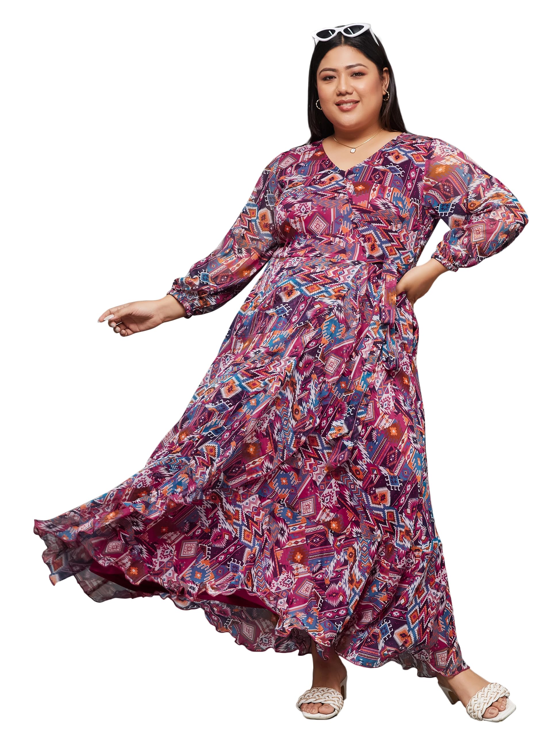 Miss Chase Multicolored V-Neck Wrap Midi Chiffon Dress